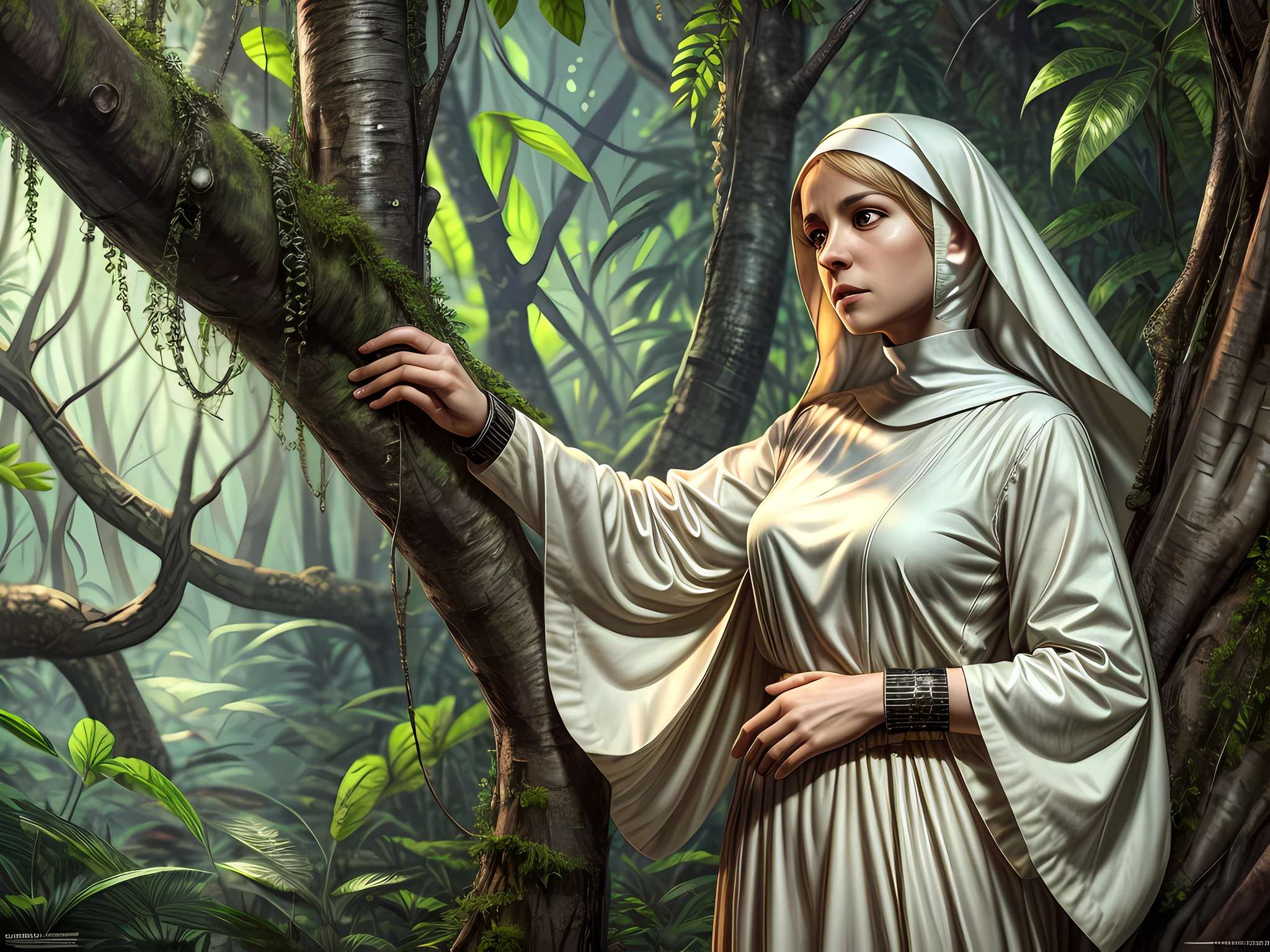 fantasy art, RPG art, a picture of a catholic nun getting lost in the jungle, a woman nun, wearing nun habit, dynamic colors nun habit, full body, an exquisite beautiful (ultra detailed, Masterpiece, best quality), best detailed face (ultra detailed, Masterpiece, best quality), blond hair, short hair, dynamic eyes color, wearing a cross, sense of confusion and lost, yet god is with her, divine light, jungle trees, (a snake: 1.1) lurking by, high details, fantasy art, RPG art best quality, 16k, [ultra detailed], masterpiece, best quality, (ultra detailed), full body, ultra wide shot, photorealistic, modelshoot style
