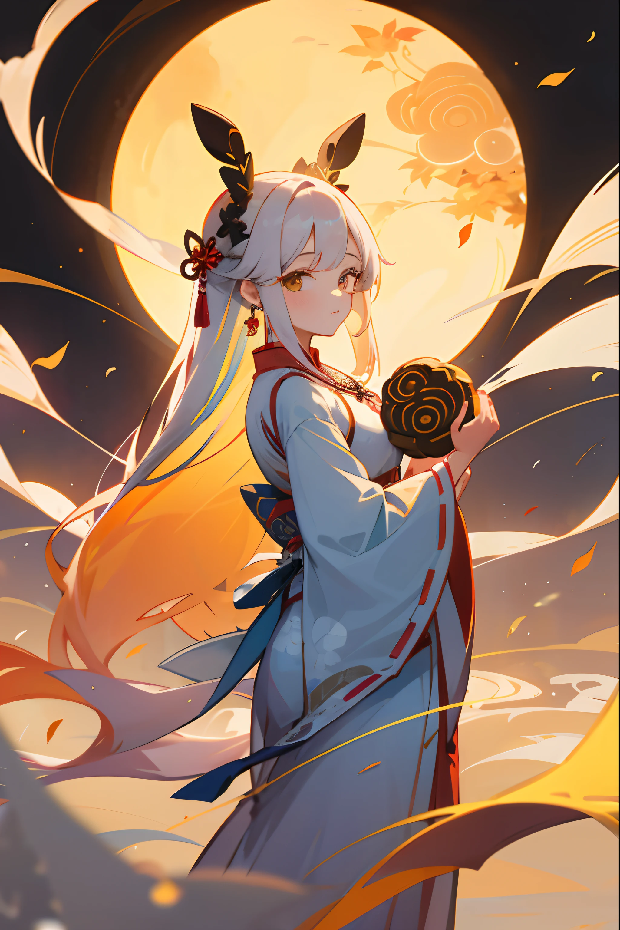 1 girl, Ancient Chinese Hanfu, Long hair to the mid-back, Rabbit earrings, mooncake, full moon, White kite, Colorful autumn,8K,  --AR 9:16 --s 750 --niji 5