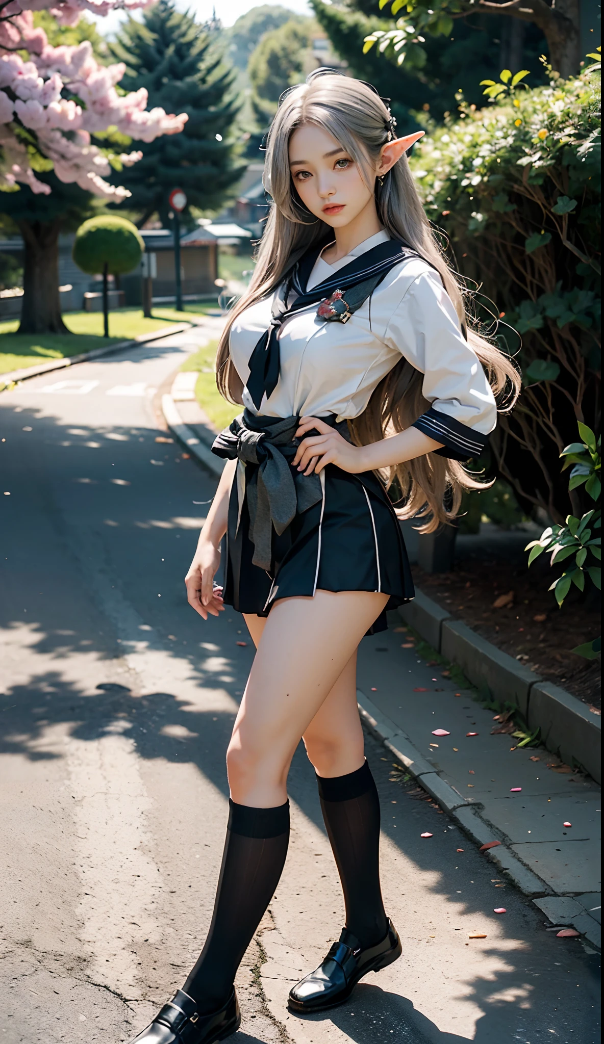 (Japanese-style school,the cherry trees:1. Mature elven beauty,standing on your feet,a sailor suit), tmasterpiece, best qualtiy, RAW photogr, realisticlying, Incredibly Ridiculous res,Elf long ears, ear studs,hair pin, (Long flowing hair in silver and black:1.9),eye shadows,(a sailor suit),eardrop,foot ring,short skirt,(Black sport socks)(Black half-knee socks),(Loafer shoes),two longer legs,depth of fields, A high resolution, ultra - detailed, filigree, RAWE is very detailed, very detailed eyes and faces, Sharp pupils, realistic pupil, tack sharp focus, cinmatic lighting,full bodyesbian,Bigboobs,long leges,From the front side,dynamicposes,Normal posture,closeup of face