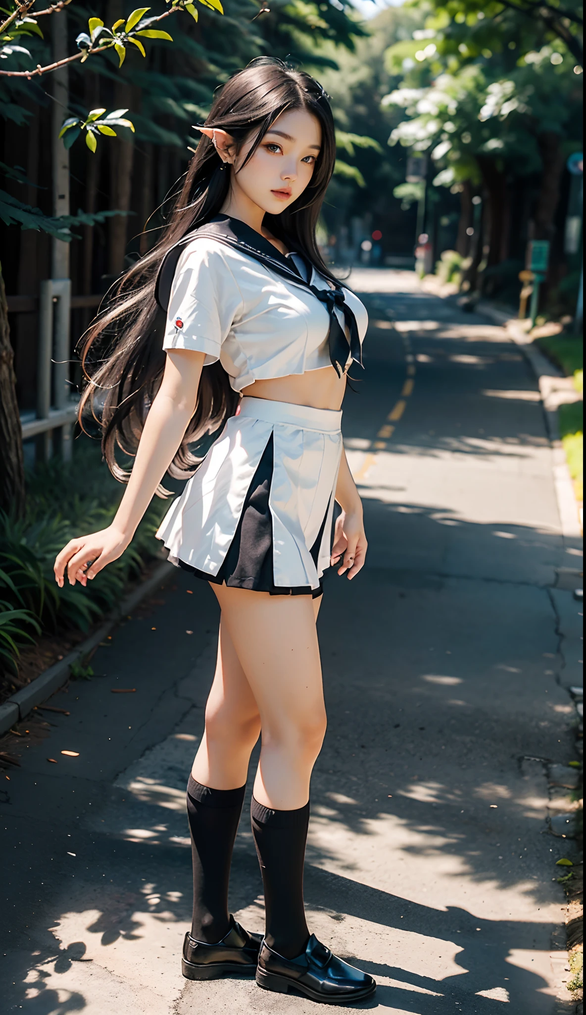 (Japanese-style school，the cherry trees：1. Mature elven beauty，standing on your feet，a sailor suit）， tmasterpiece， best qualtiy， RAW photogr， realisticlying， Incredibly Ridiculous res，Elf long ears， ear studs，hair pin， (Long flowing hair in silver and black：1.9)，eye shadows，(a sailor suit)，eardrop，foot ring，short  skirt，(Black sport socks)（Black half-knee socks)，(Loafer shoes)，two longer legs，depth of fields， A high resolution， ultra - detailed， filigree， RAWE is very detailed， very detailed eyes and faces， Sharp pupils， realistic pupil， tack sharp focus， cinmatic lighting，full bodyesbian，Bigboobs，long leges，From the front side，dynamicposes，Normal posture，closeup of face