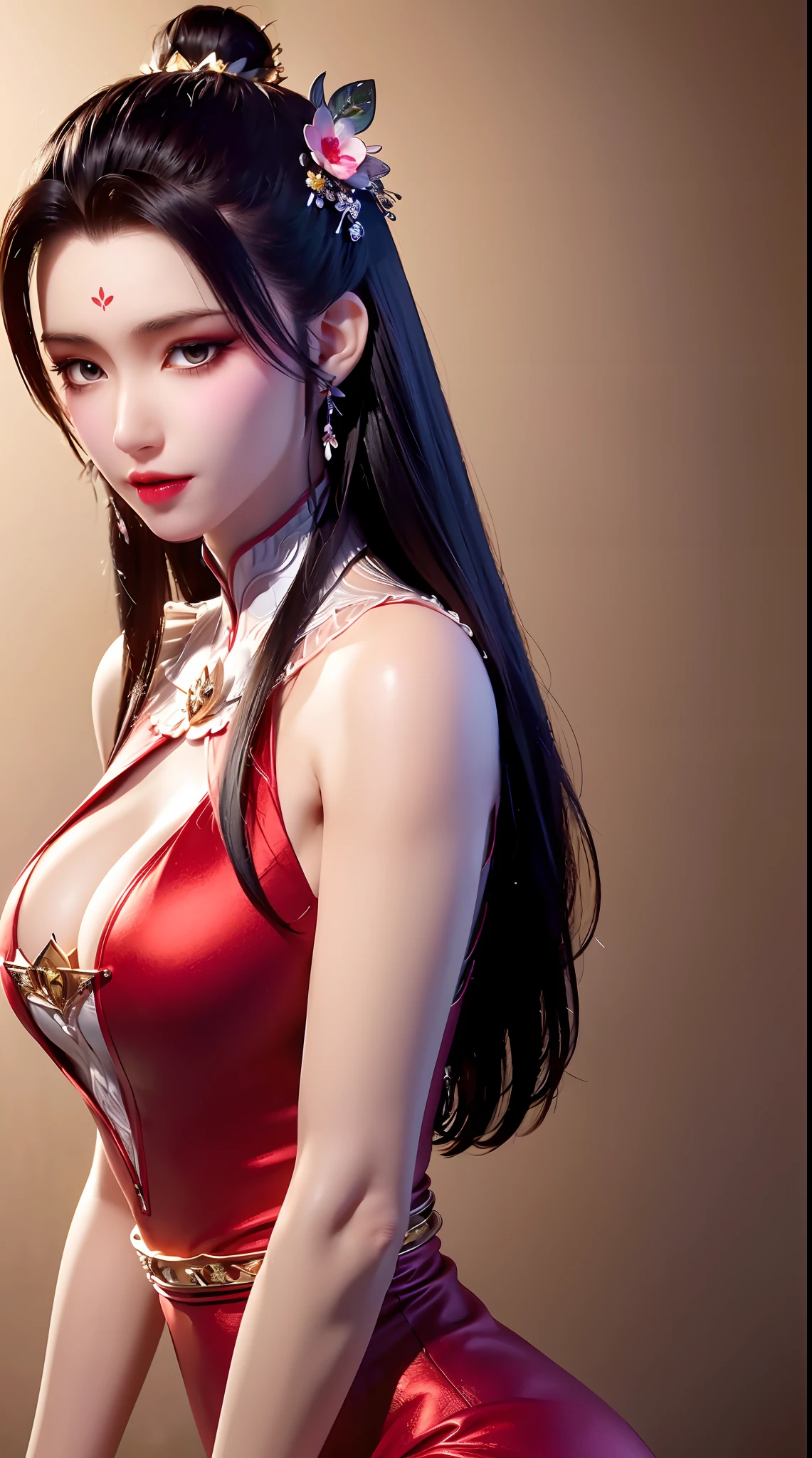 1 beautiful and sexy 20 year old girl, ((wearing a super thin red dress:1.5)), a dress with diamonds, black chest border with gold border, long hair and white bangs, detailed hair jewelry and most beautiful, Super cute baby face, Very pretty face, sparse eyebrows, flawless beautiful face, ((black pupils:0.8)), very beautiful eyes, ((red eyes:1.4)), beautiful and detailed eyelashes and very magical makeup, high nose, earrings, thin lips, red lips, no smile, beautiful lips, rosy face, clean face, flawless beautiful face, smooth white skin, ( big breasts: 0.9)), Blums breasts, ((big and super round breasts): 0.9)), ((super tight breasts: 1.2)), ((breast augmentation: 0.8)), beautiful breasts, sitting on the floor, chest facing forward, upper body of pretty girl, 8k photo, super high quality, super realistic, 10x super pixel, realistic photo, bright studio, light border, two-tone light color, skin (high high detail): 1.2) , 8k ultra, soft light, high quality, light volume, realistic, Image, high resolution, light, Best photo, 4k, 8k quality, effects blur, Smooth and sharp, 10 x pixels, aurora, lightning, super sharp graphics, most realistic graphics ,((red flower background: 1.6)), 1 girl, alone, solo, Extremely sharp, surreal images, (((frontal portrait: 1.6)))."