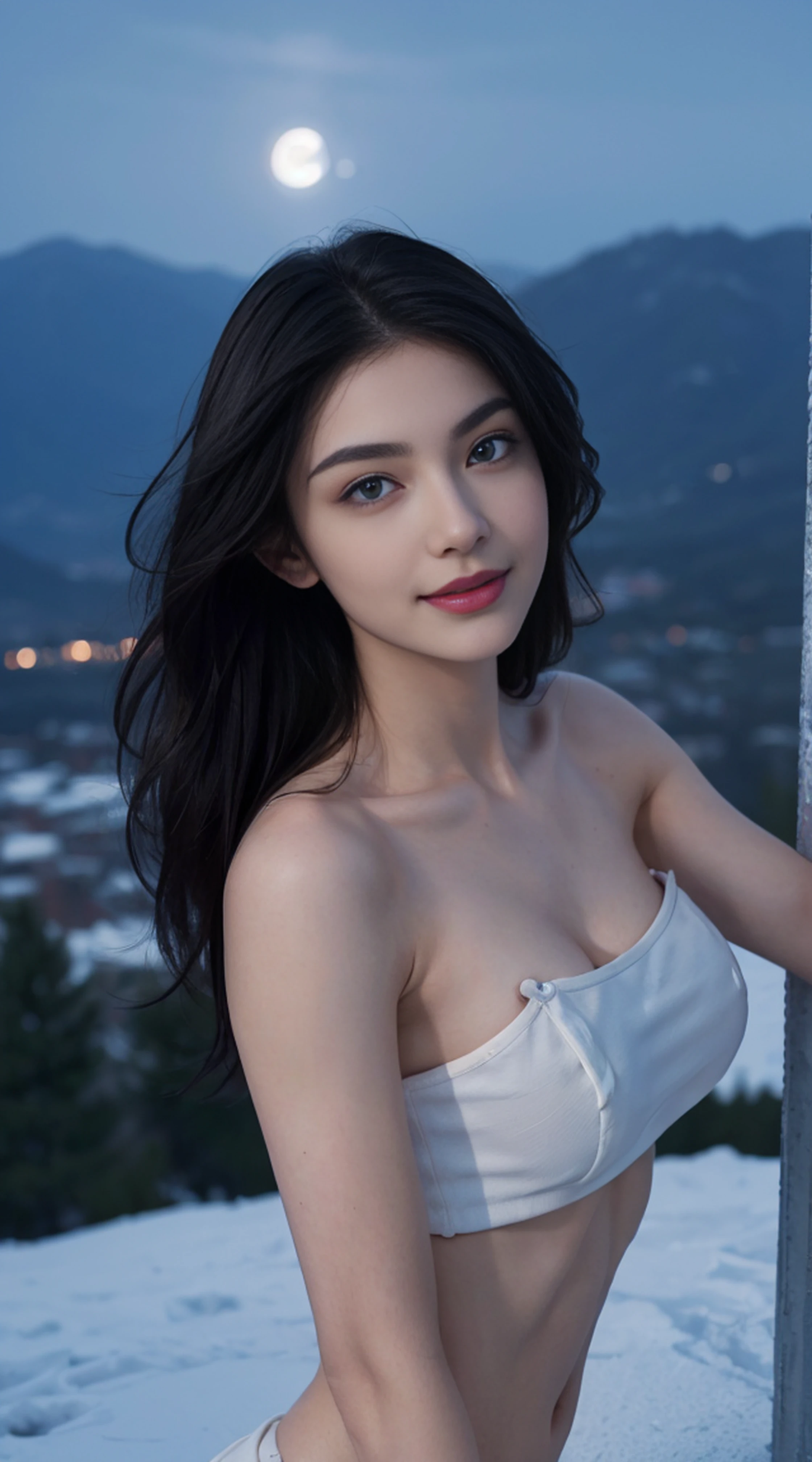 8K, Top Quality, Intricate Details, Ultra Detail, Ultra High Resolution, Masterpiece, random angle, Slender, Smile, (Makeup: 0.4), (Fluffy Blue Eyes: 1.21), blue Eyes,, ((full body)), 1girl, solo, 1 girl, (( full body)), close-up shot, sitting, on side , , ((tall)), (((fit body))), (((slim face))), sharp face, sharp eyes, (((black hair, long hair, high ponytail )) (detailed face), sharp face, small lips, thin lips,
(( Minidress )), detailed face, detailed breast, , large breast, detail, , Beautiful girl with accentuated slender abs: 1.4, Six Pack Abs: 1.4, Bust Botox, Big, Perfect Body, detail leg, (( moonlight)), top of mountain