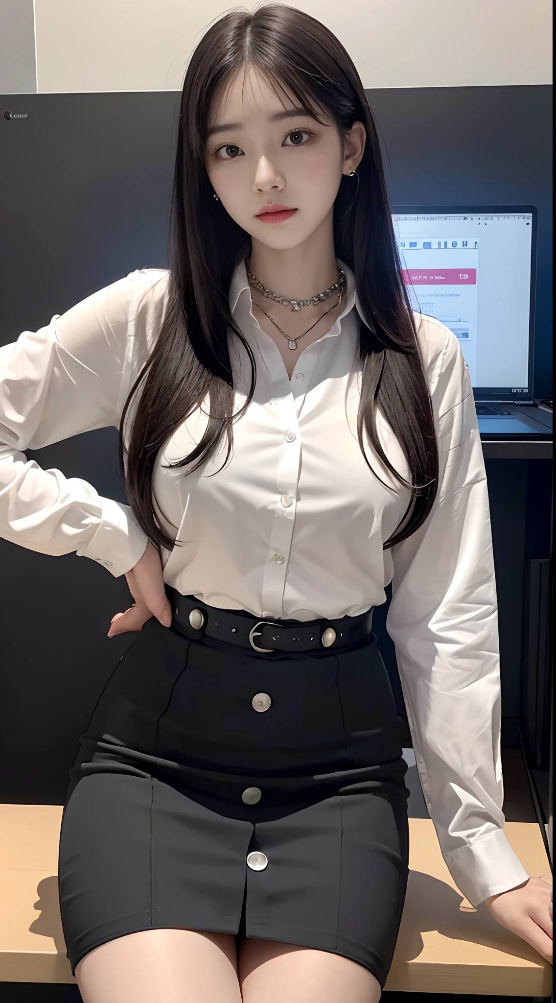 Photorealsitic、动态照明、art stations、poster for、Volumetric lighting、extra detailed face、4 k、Award-winning、、1girl in、Dark、deep-shadows、lowkey、large boob:1.4、OL、((Being in the company、Office Casual Setup、pencil skirts、personal computers、a desk、Button shirt with collar、ID Tags、Nameplate Necklace))、OL、Adults、length hair、long lashes、Beautie、Sit up、