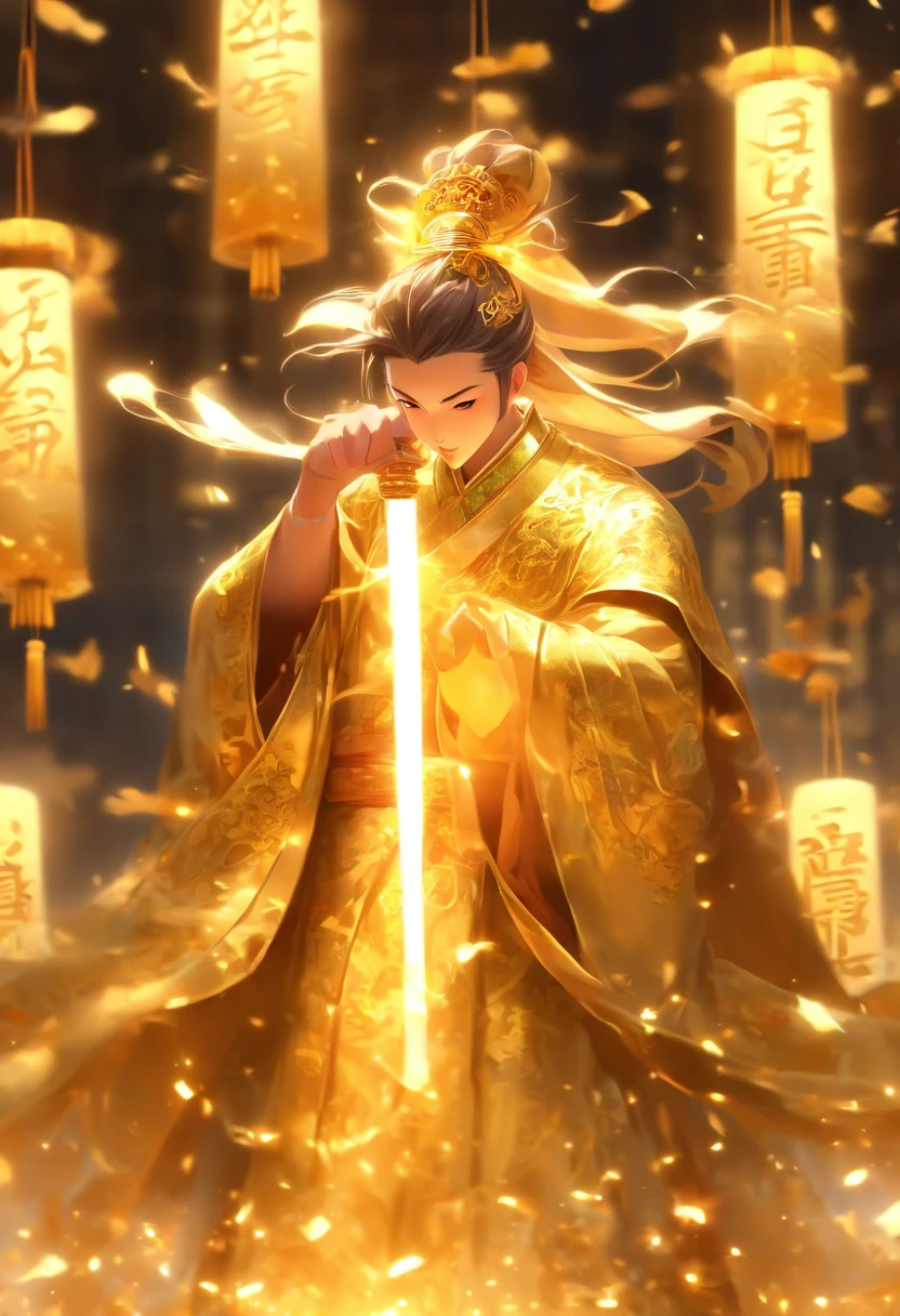 1boys,Solo,Young scholars of ancient China,Holding a golden brush,Writing is in full swing,(Transparent glowing golden Chinese characters hovered in midair:2),Vertical text,glittery,Scholar in blue robes,Long flowing hair flutters in the wind,16k, hyper HD, high resolution, Very detailed, Best image quality,dynamicposes,(20 columns of Chinese characters:1.6),arranged in an orderly fashion