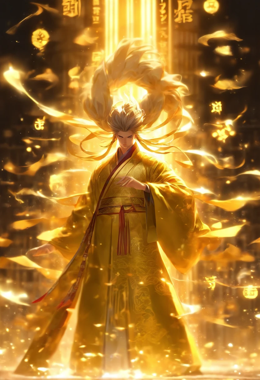 1boys,Solo,Young scholars of ancient China，Holding a golden brush，Writing is in full swing，(Transparent glowing golden Chinese characters hovered in midair:2)，Vertical text，glittery，Scholar in blue robes，Long flowing hair flutters in the wind，16k, hyper HD, high resolution, Very detailed, Best image quality,dynamicposes，(20 columns of Chinese characters:1.6)，arranged in an orderly fashion