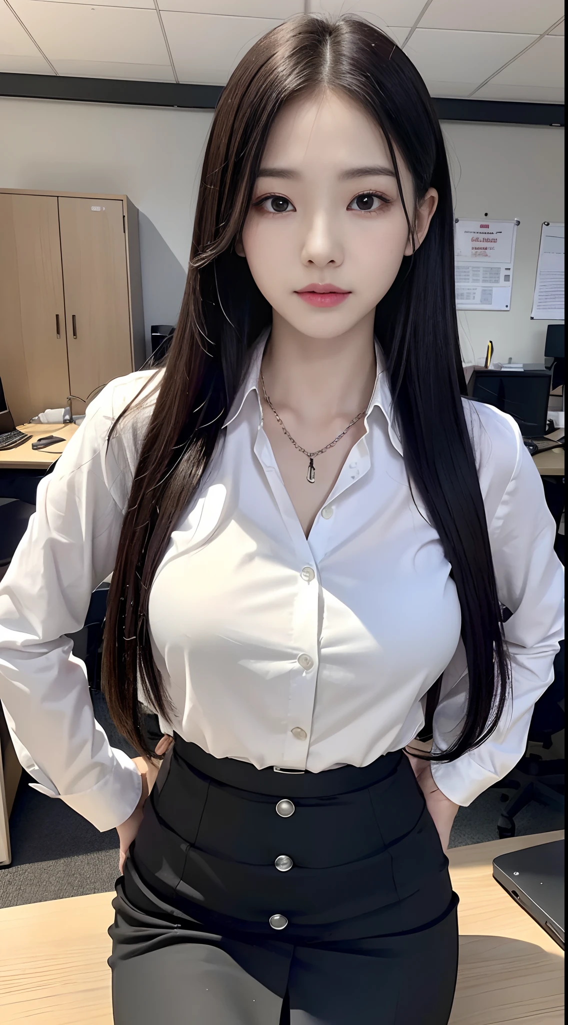 Photorealsitic、动态照明、art stations、poster for、Volumetric lighting、extra detailed face、4 k、Award-winning、、1girl in、Dark、deep-shadows、lowkey、large boob:1.4、OL、((Being in the company、Office Casual Setup、pencil skirts、personal computers、a desk、Button shirt with collar、ID Tags、Nameplate Necklace))、OL、Adults、length hair、long lashes、Beautie、Sit up、