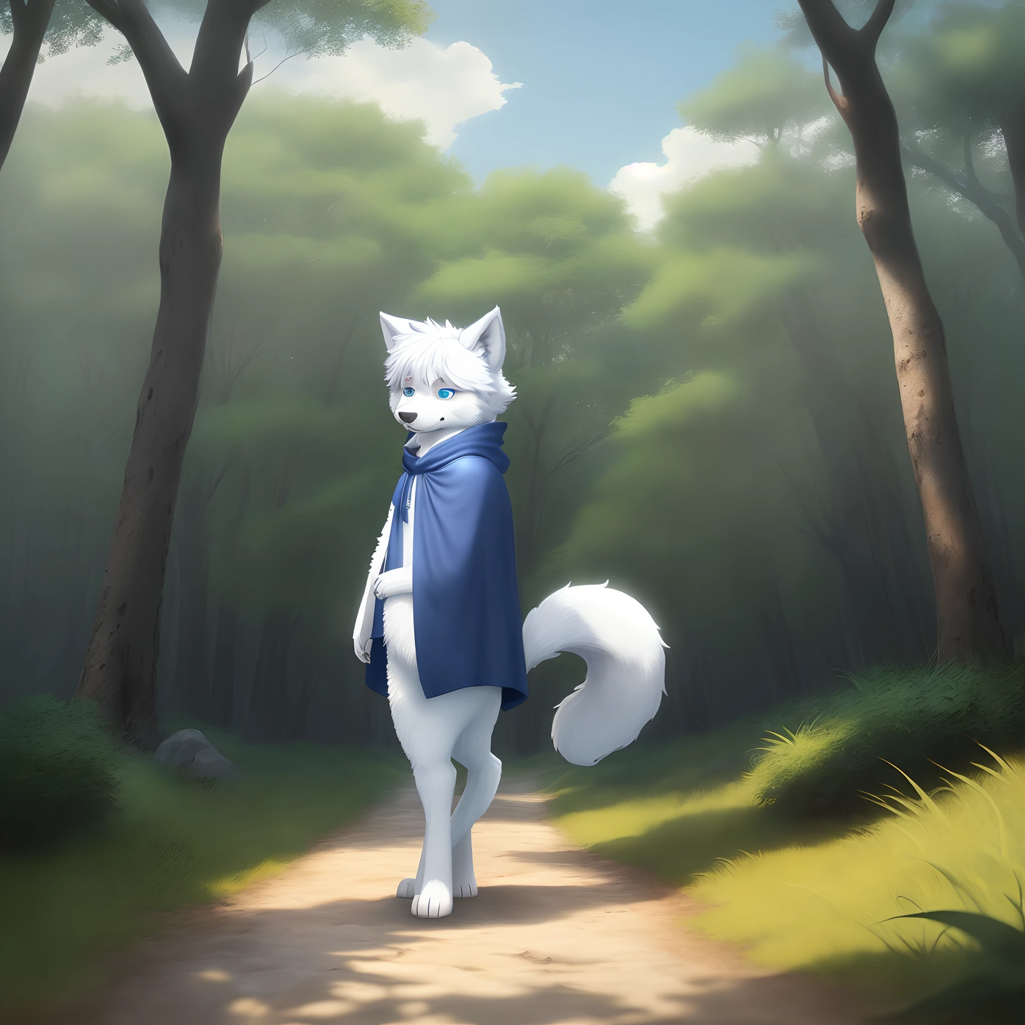 Anthropomorphic furry little wolf，A half body, White color hair,large ear，Big blue eyes，Fluffy tail，adolable, Light：Extreme light and shadow，anthr,(Full Body Furry, Fluffy tail, White fur, Sky blue eyes, Silvery hair:1.2), (long canines、cloaks：1.2），（In the daytime、lawns、）,Shota short sleeves)) ，((Deep in the forest，Stone path，独奏，solo person))，Outdoor sunset，((the detail))，（depth of fields），standing on your feet