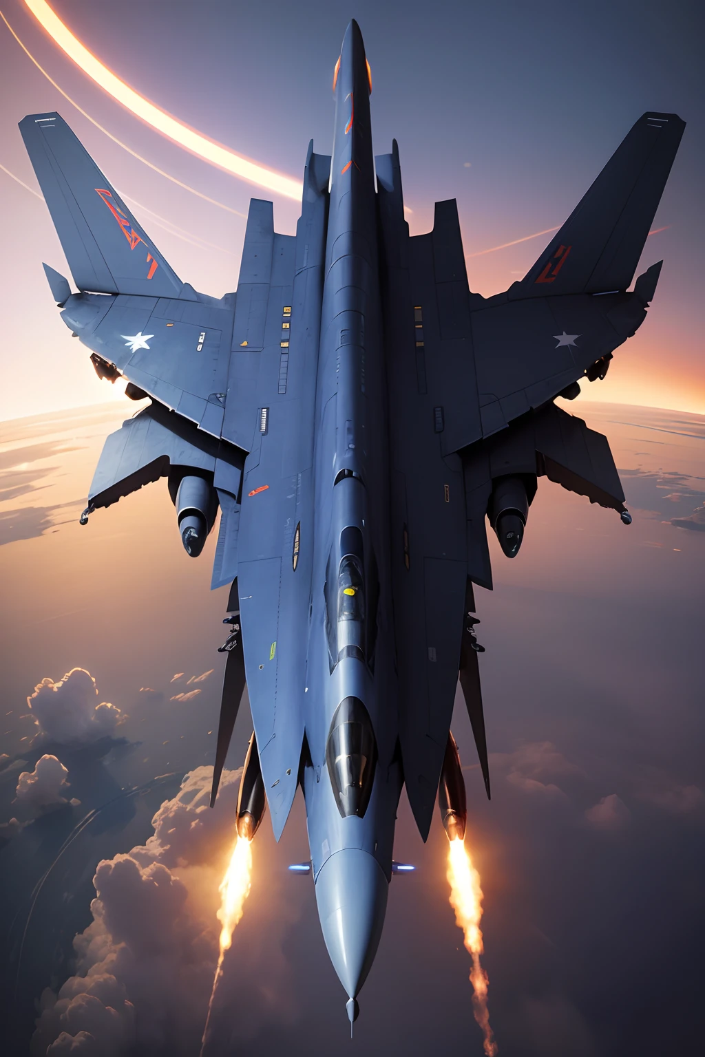 Create an illustration of a futuristic fighter jet. This fighter should be slick in design, streamlined in shape, and maneuverable. The color of the high-speed fuselage should be a purpley metallic blue, exuding a futuristic sense of technology. Progress should be advanced, imagine it equipped with energy weapons and laser cannons. The background should be outer space, representing fighter planes in action in space.