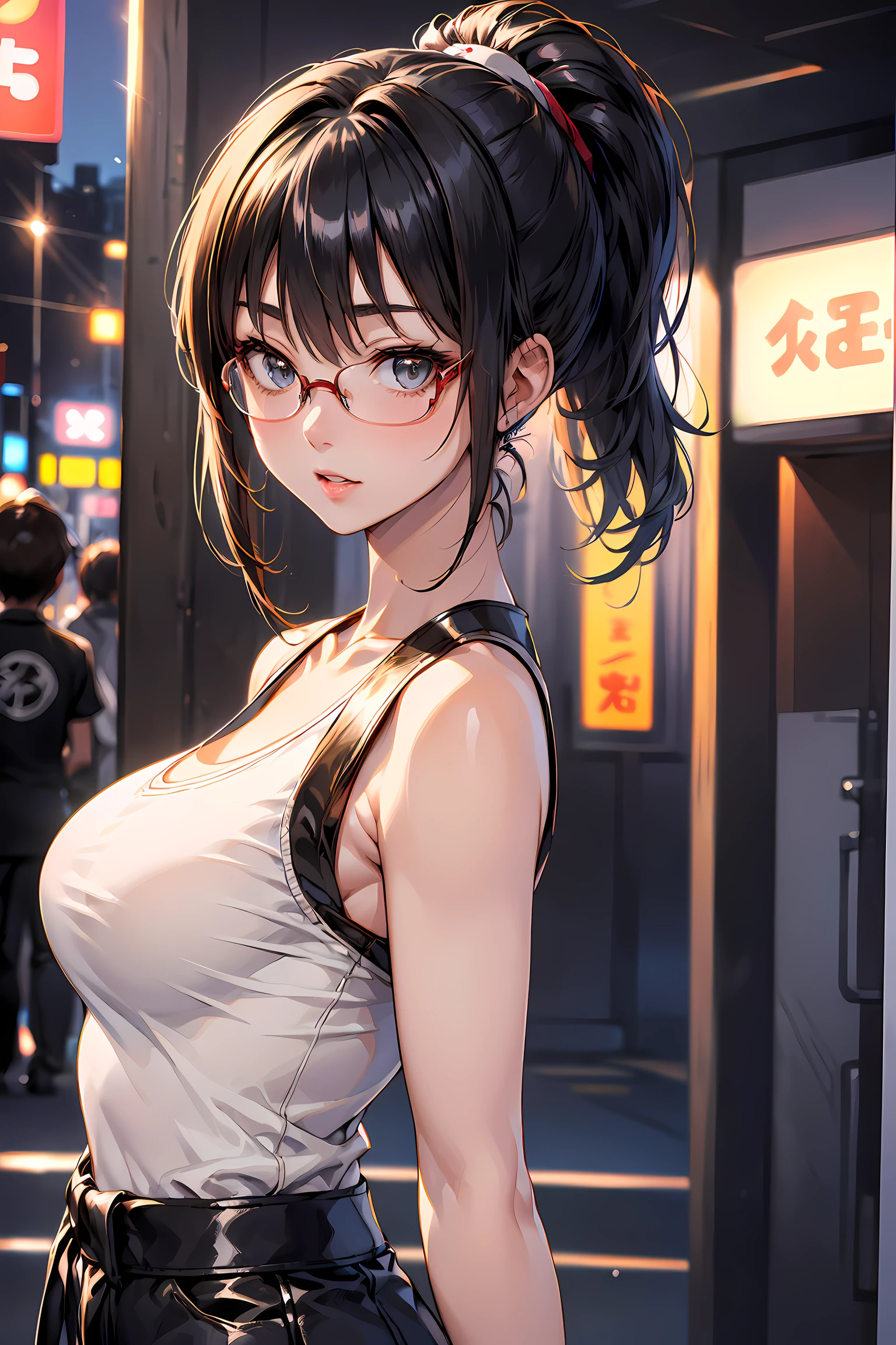 (1glasses girl:1.3, solo), (Audrey Hepburn:1.3), (a extremely pretty and beautiful Japanese woman), (sexy girl), (professional attire:1.3), (22 years old: 1.1), (walking on red carpet:1.3), (attractive random posing:1.3), (in the Tokyo sation:1.3), (looking straight at you:1.3), (starring at you:1.3), (front view:1.3), break, (ponytail:1.3), (shiny-black thin hair:1.2), bangs, dark brown eyes, beautiful eyes, princess eyes, (big eyes:1.3), bangs, wearing a glasses:1.3, Hair between eyes, short hair:1.3, (slender:1.1), (small-medium-breasts:0.95), (thin waist: 1.15), (detailed beautiful girl: 1.4), Parted lips, Red lips, full-make-up face, (shiny skin), ((Perfect Female Body)), (upper body image:1.3), Perfect ???????, Perfect Proportions, (most beautiful Korean actress face:1.3, extremely cute and beautiful Japanese actress face:1.3), BREAK, (View viewer, wearing a lovely bitch coordinate, (insanely detailed white cotton tanktop:1.3), (beige leather skin pants:1.3), (pin-heels:1.3), detailed clothes, BREAK, (detailed Tokyo sation background:1.2), (Studio soft lighting: 1.3), (fake lights: 1.3), (backlight: 1.3), BREAK, (Realistic, Photorealistic: 1.37), (Masterpiece, Best Quality: 1.2), (Ultra High Resolution: 1.2), (RAW Photo: 1.2), (Sharp Focus: 1.3), (Face Focus: 1.2), (Ultra Detailed CG Unified 8k Wallpaper: 1.2), (Beautiful Skin: 1.2), (pale Skin: 1.3), (Hyper Sharp Focus: 1.5), (Ultra Sharp Focus: 1.5), (Beautiful pretty face: 1.3), (super detailed background, detail background: 1.3), Ultra Realistic Photo, Hyper Sharp Image, Hyper Detail Image,
