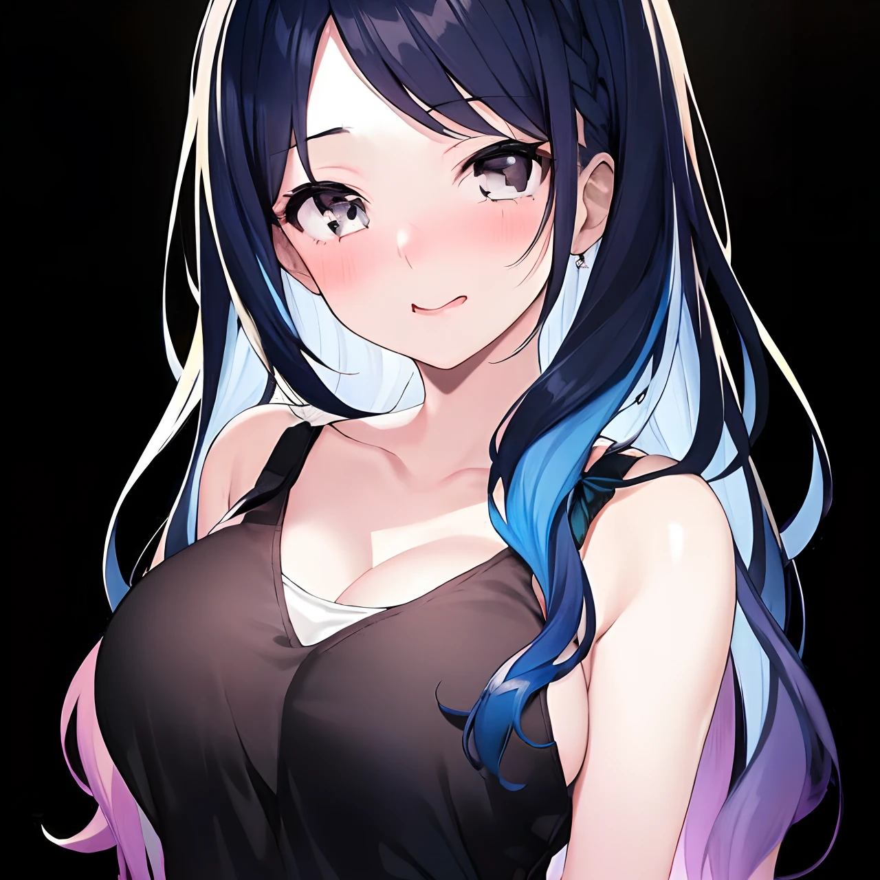 score_9, score_8_up, score_7_up, (chibi:0.7), pretty face, woman, 1girl, long hair, multicolored hair, black hair, sidelocks, blue hair, wavy hair, , on fours, medium breassed mouth, smile, upper body, front pov, nsfw, black background, simple background,