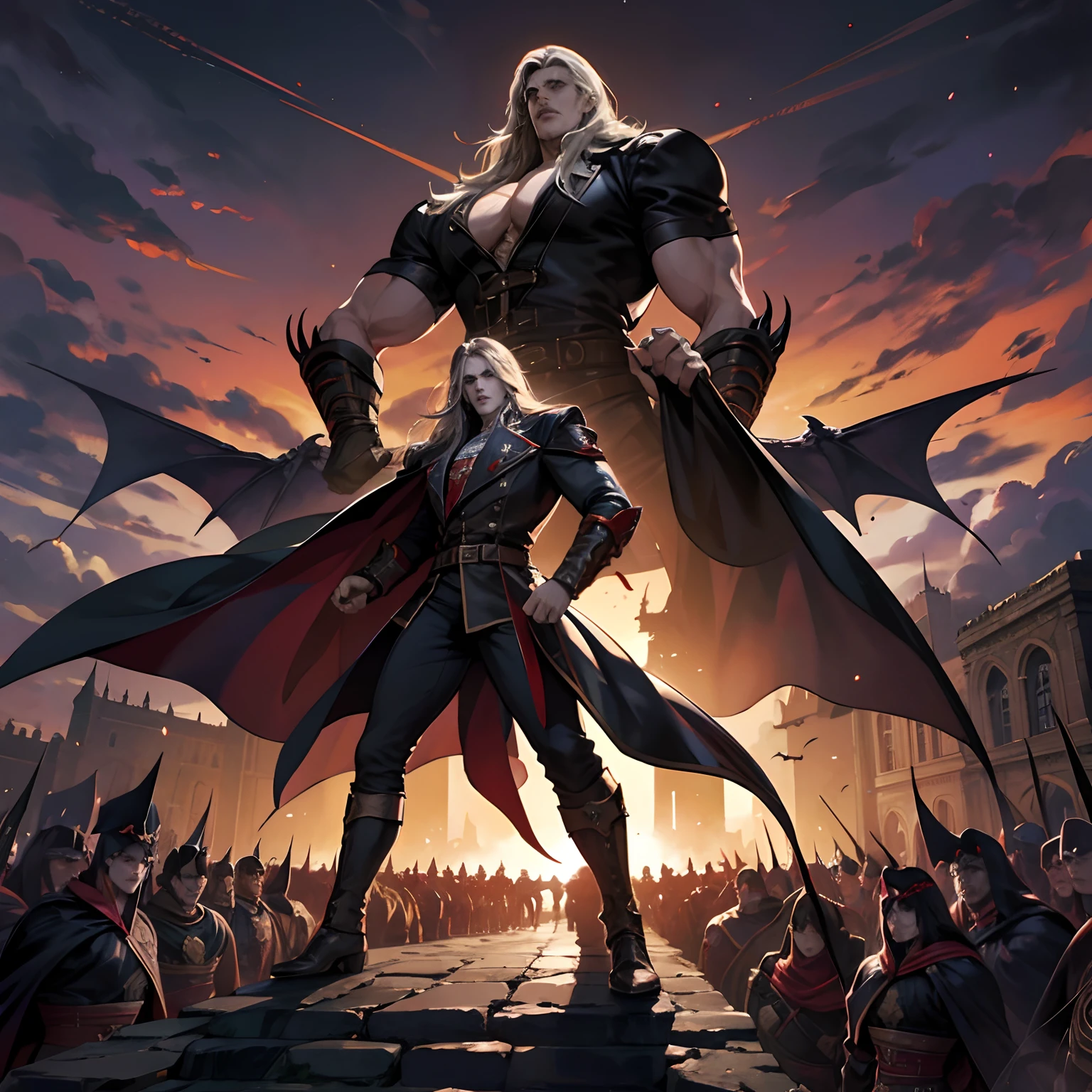 Castlevania Shadow Lord handsome muscular Lord Dracula leading troops armed with demons to war hyper realistic super detailed Dynamic pose super detailed faces hyper realistic super detailed Marvel comics style