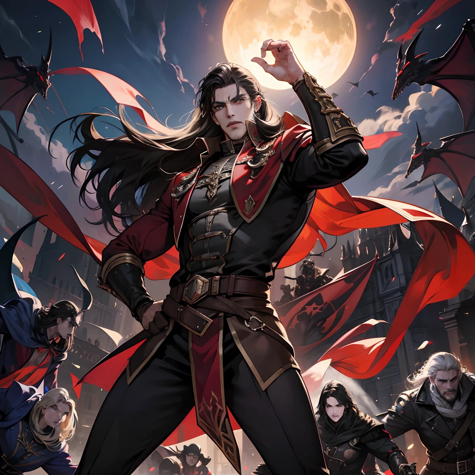 Castlevania Shadow Lord handsome muscular Lord Dracula leading troops armed with demons Very detailed faces to war hyper realistic super detailed Dynamic pose super detailed faces hyper realistic super detailed