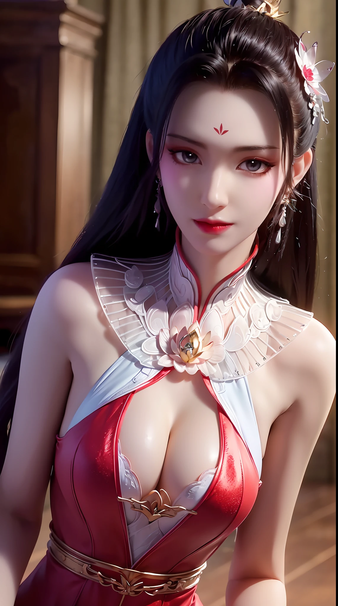 1 beautiful and sexy 20 year old girl, ((wearing a super thin red dress:1.5)), a dress with diamonds, black chest border with gold border, long hair and white bangs, detailed hair jewelry and most beautiful, Super cute baby face, Very pretty face, sparse eyebrows, flawless beautiful face, ((black pupils:0.8)), very beautiful eyes, ((red eyes:1.4)), beautiful and detailed eyelashes and very magical makeup, high nose, earrings, thin lips, red lips, no smile, beautiful lips, rosy face, clean face, flawless beautiful face, smooth white skin, ( big breasts: 0.9)), Blums breasts, ((big and super round breasts): 0.9)), ((super tight breasts: 1.2)), ((breast augmentation: 0.8)), beautiful breasts, sitting on the floor, chest facing forward, upper body of pretty girl, 8k photo, super high quality, super realistic, 10x super pixel, realistic photo, bright studio, light border, two-tone light color, skin (high high detail): 1.2) , 8k ultra, soft light, high quality, light volume, realistic, Image, high resolution, light, Best photo, 4k, 8k quality, effects blur, Smooth and sharp, 10 x pixels, aurora, lightning, super sharp graphics, most realistic graphics ,((red flower background: 1.6)), 1 girl, alone, solo, Extremely sharp, surreal images, (((frontal portrait: 1.6)))."