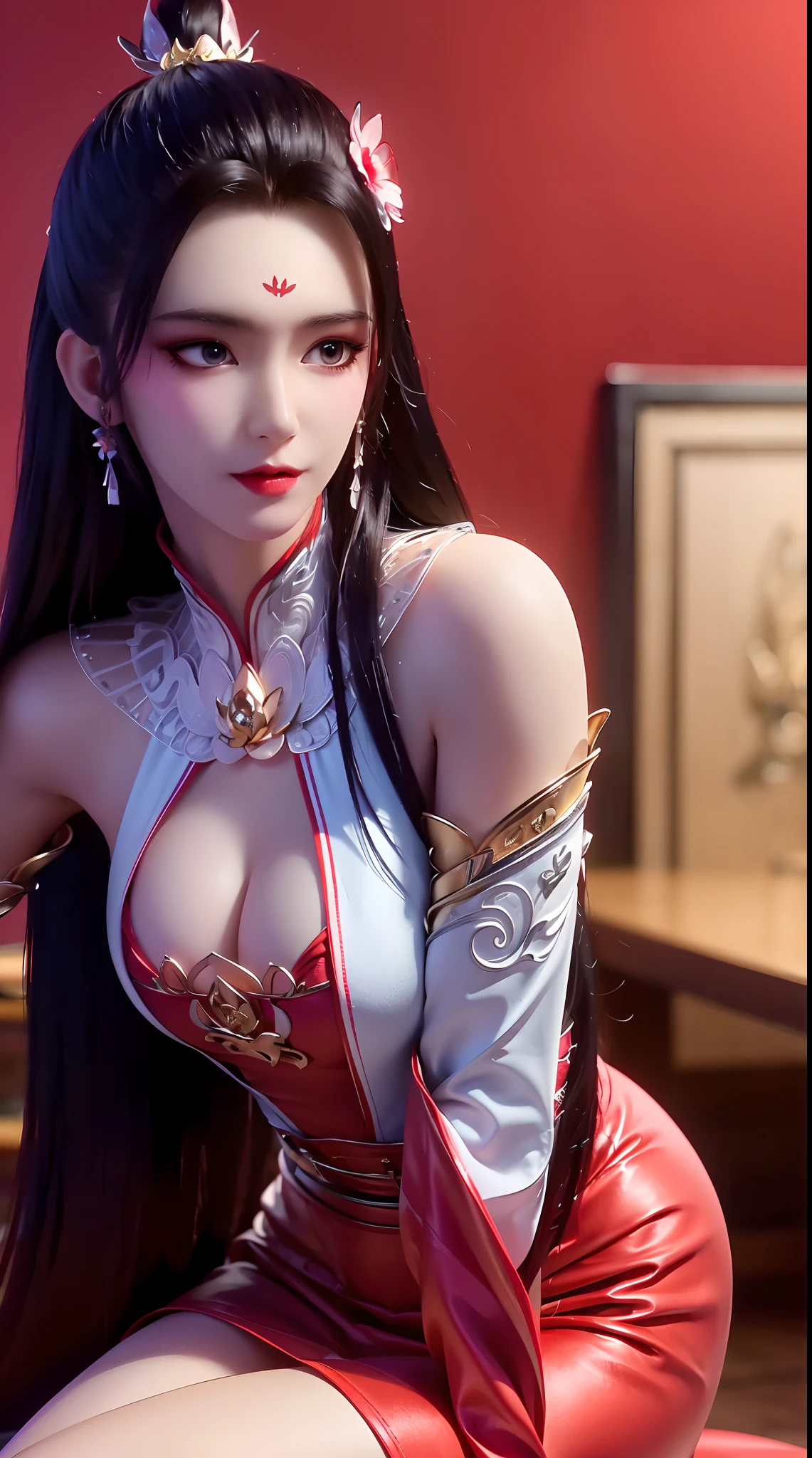 1 beautiful and sexy 20 year old girl, ((wearing a super thin red dress:1.5)), a dress with diamonds, black chest border with gold border, long hair and white bangs, detailed hair jewelry and most beautiful, Super cute , Very pretty face, sparse eyebrows, flawless beautiful face, ((black pupils:0.8)), very beautiful eyes, ((red eyes:1.4)), beautiful and detailed eyelashes and very magical makeup, high nose, earrings, thin lips, red lips, no smile, beautiful lips, rosy face, clean face, flawless beautiful face, smooth white skin, ( big breasts: 0.9)), Blums breasts, ((big and super round breasts): 0.9)), ((super tight breasts: 1.2)), ((breast augmentation: 0.8)), beautiful breasts, sitting on the floor, chest facing forward, upper body of pretty girl, 8k photo, super high quality, super realistic, 10x super pixel, realistic photo, bright studio, light border, two-tone light color, skin (high high detail): 1.2) , 8k ultra, soft light, high quality, light volume, realistic, Image, high resolution, light, Best photo, 4k, 8k quality, effects blur, Smooth and sharp, 10 x pixels, aurora, lightning, super sharp graphics, most realistic graphics ,((red flower background: 1.6)), 1 girl, alone, solo, Extremely sharp, surreal images, (((frontal portrait: 1.6)))."