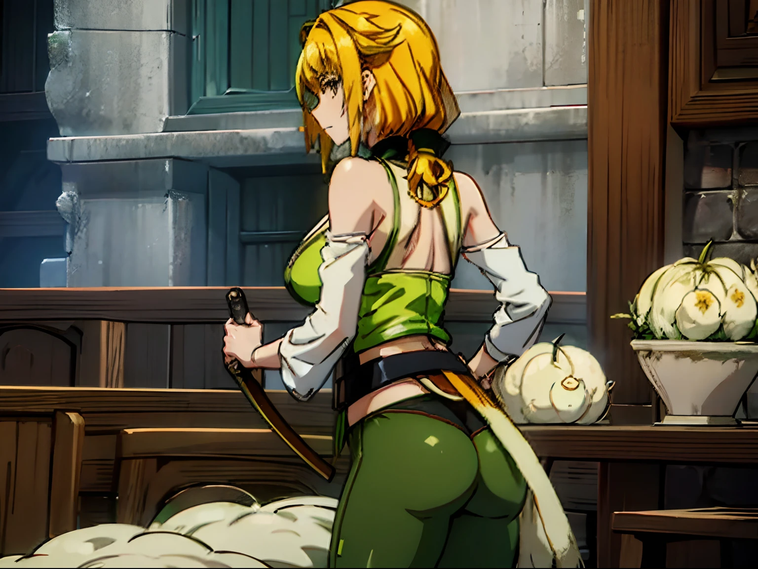 In a dungeon scenery, from the side, green yoga pants, ass, Roxxane holding a sword and a round wooden shield, battle pose, Sheep Monster in the back