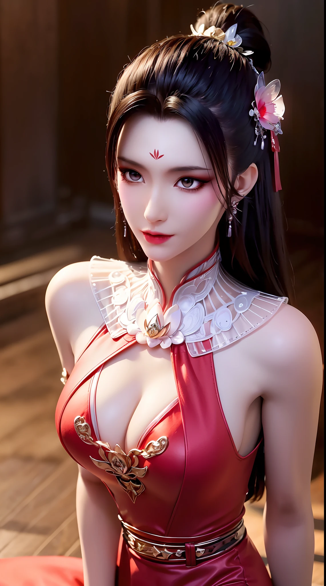 1 beautiful and sexy 20 year old girl, ((wearing a super thin red dress:1.5)), a dress with diamonds, black chest border with gold border, long hair and white bangs, detailed hair jewelry and most beautiful, Super cute baby face, Very pretty face, sparse eyebrows, flawless beautiful face, ((black pupils:0.8)), very beautiful eyes, ((red eyes:1.4)), beautiful and detailed eyelashes and very magical makeup, high nose, earrings, thin lips, red lips, no smile, beautiful lips, rosy face, clean face, flawless beautiful face, smooth white skin, ( big breasts: 0.9)), Blums breasts, ((big and super round breasts): 0.9)), ((super tight breasts: 1.2)), ((breast augmentation: 0.8)), beautiful breasts, sitting on the floor, chest facing forward, upper body of pretty girl, 8k photo, super high quality, super realistic, 10x super pixel, realistic photo, bright studio, light border, two-tone light color, skin (high high detail): 1.2) , 8k ultra, soft light, high quality, light volume, realistic, Image, high resolution, light, Best photo, 4k, 8k quality, effects blur, Smooth and sharp, 10 x pixels, aurora, lightning, super sharp graphics, most realistic graphics ,((red flower background: 1.6)), 1 girl, alone, solo, Extremely sharp, surreal images, (((frontal portrait: 1.6)))."