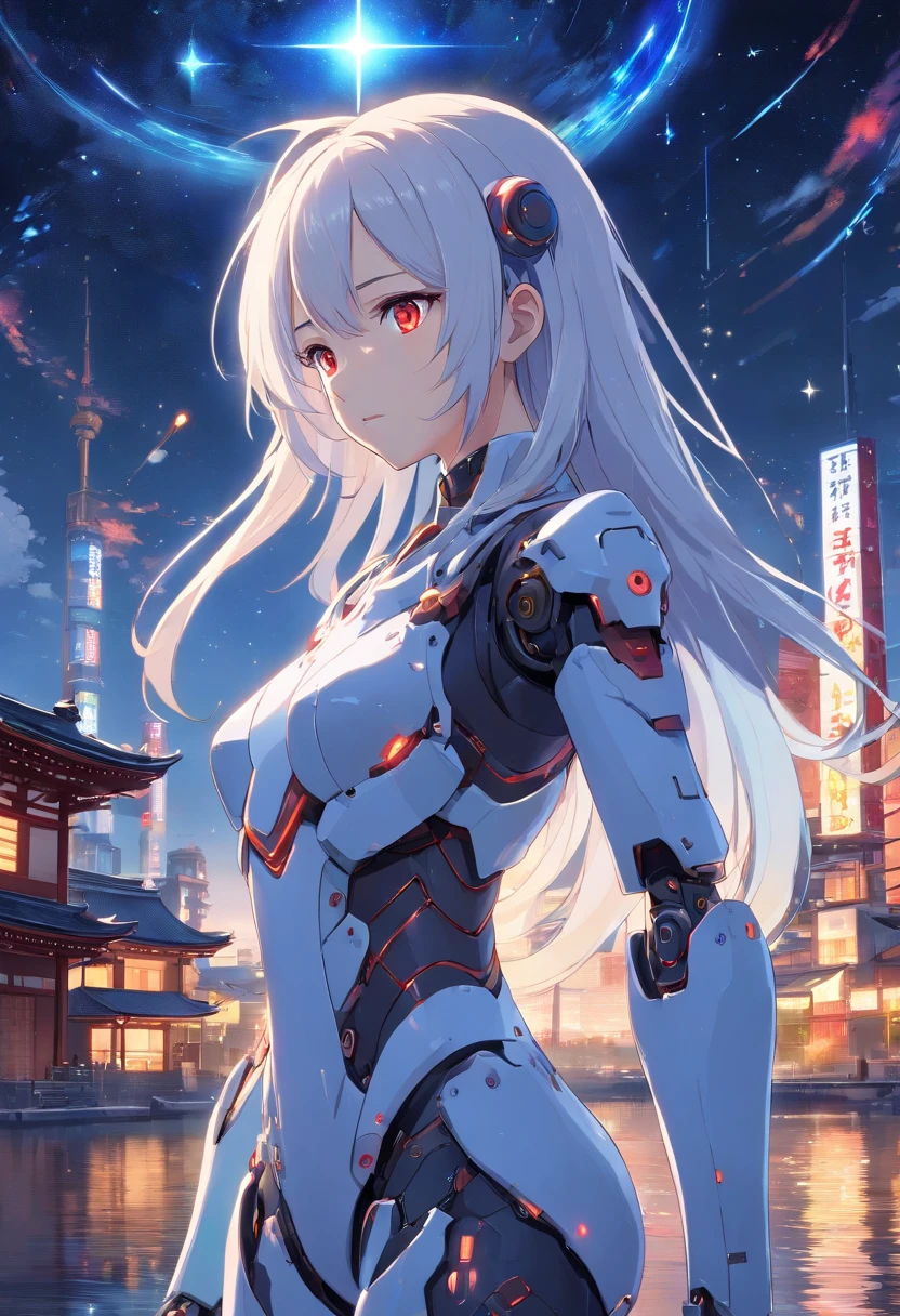 masterpiece,best quality,ultra-detailed,very detailed illustrations,extremely detailed,intricate details,highres,super complex details,extremely detailed 8k cg wallpaper,cowboy shot, caustics,reflection,ray tracing,demontheme,nebula,dark aura,cyber effect, (1girl:1.4),solo,alone,mecha musume,mechanical parts, robot joints,single mechanical arm, headgear, mechanical halo,star halo,intricate mechanical bodysuit, mecha corset, full armor, very long hair,white hair, hair between eyes, multicolored hair, colored inner hair, red eyes,glowing eye,eye trail, random expressions,random action, ancient japanese architecture,pond, starry sky,skyline,