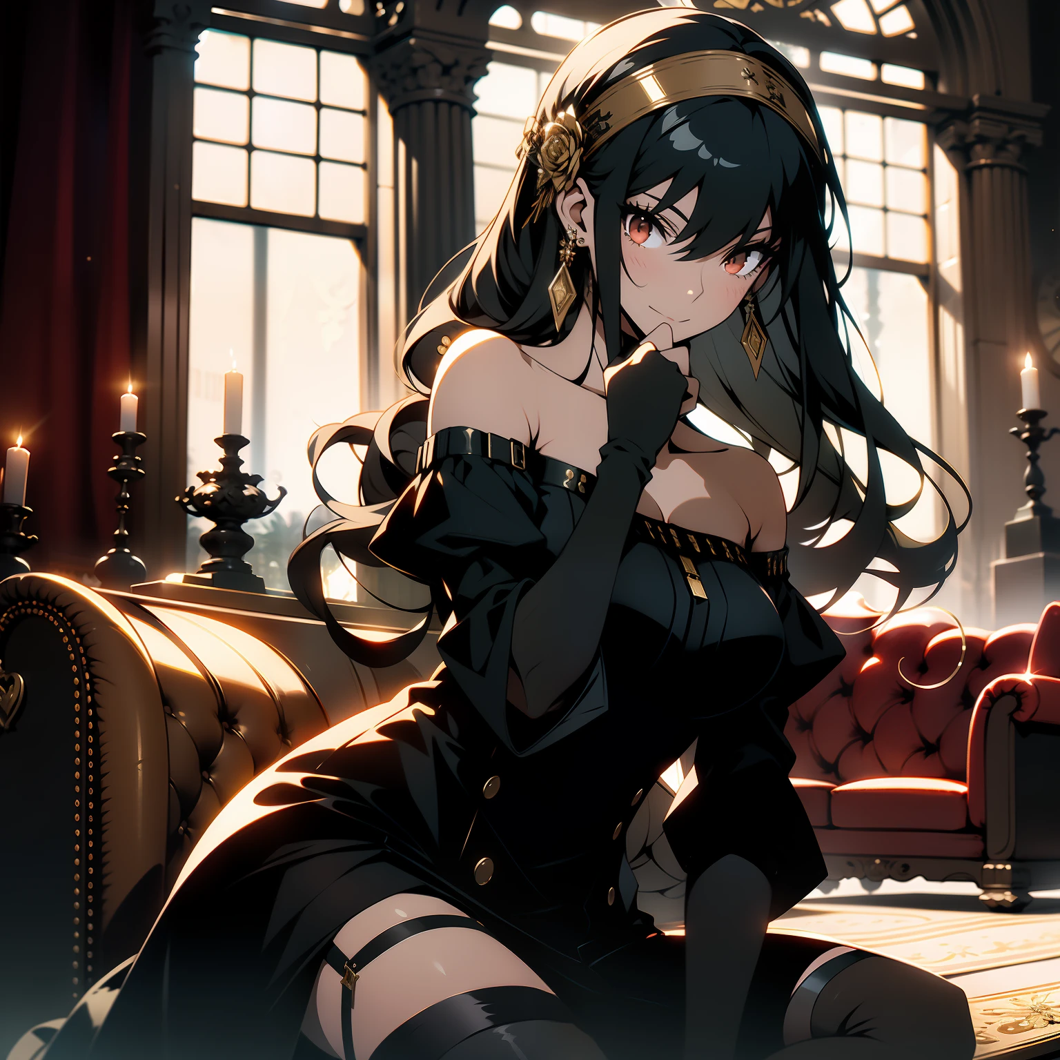 masterpiece, royal background, front light, yor, 1girl, solo, 23 years old, long hair, round butt, rear view, view from behind, looking at viewer, large breasts, blushing, cleveage, (black hair), embarrased, gold hair ornament, red eyes, thighhighs, gloves, dress, bare shoulders, jewelry, standing, indoors, couch, flower, sidelocks, hairband, dress, earrings, boots, black gloves, black thighhighs, hair flower, fingerless gloves, black dress, zettai ryouiki, thigh boots, two-sided fabric, holding dagger, gold hairband, two-sided dress,