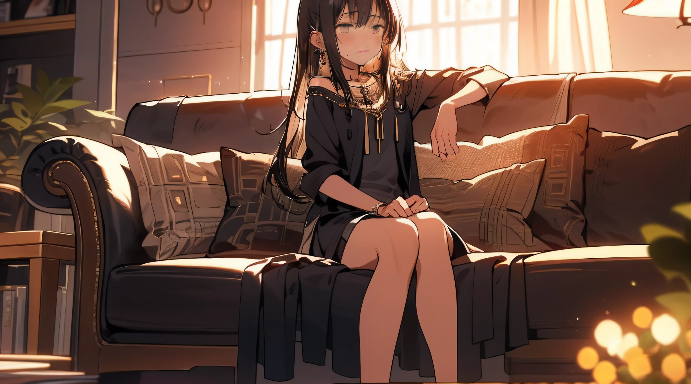 the night,natta,A woman who is,Sit on a luxurious sofa,Black hair,long whitr hair,As graceful as a swan,Frowning, his face sad,anxiety,Wearing expensive clothing,In a gorgeous home,Two-dimensional animation。