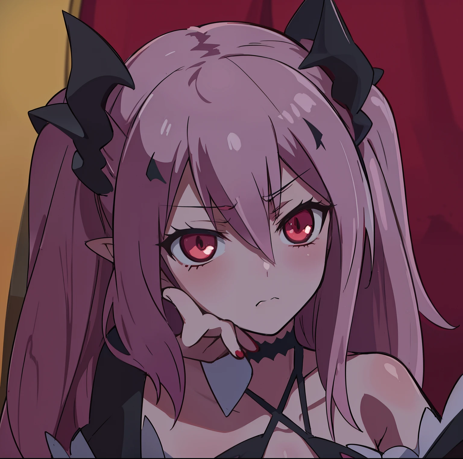 Anime style. Demon Girl. rose hair. red-eyes. hand on cheek. Dark outfit. sharp ears. indifferent face. demonic horns