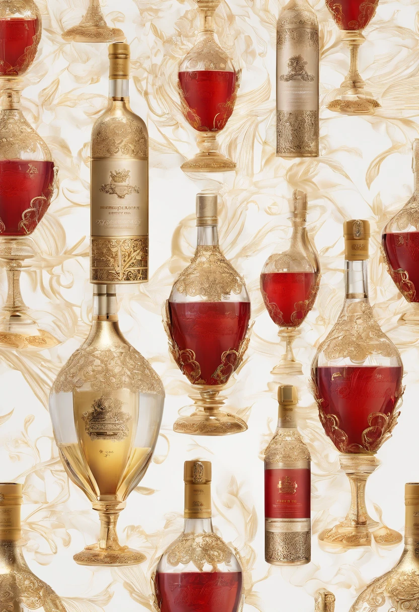 Alcohol advertising，High-end bottled white wine，Simple，atmospurate，Fine，Red outer packaging，gold filigree，The contents contain the outer bottle