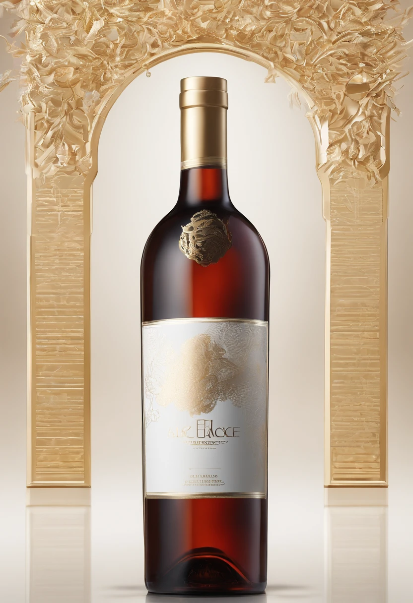Alcohol advertising，High-end bottled white wine，Simple，atmospurate，Fine，Red outer packaging，gold filigree，The contents contain the outer bottle