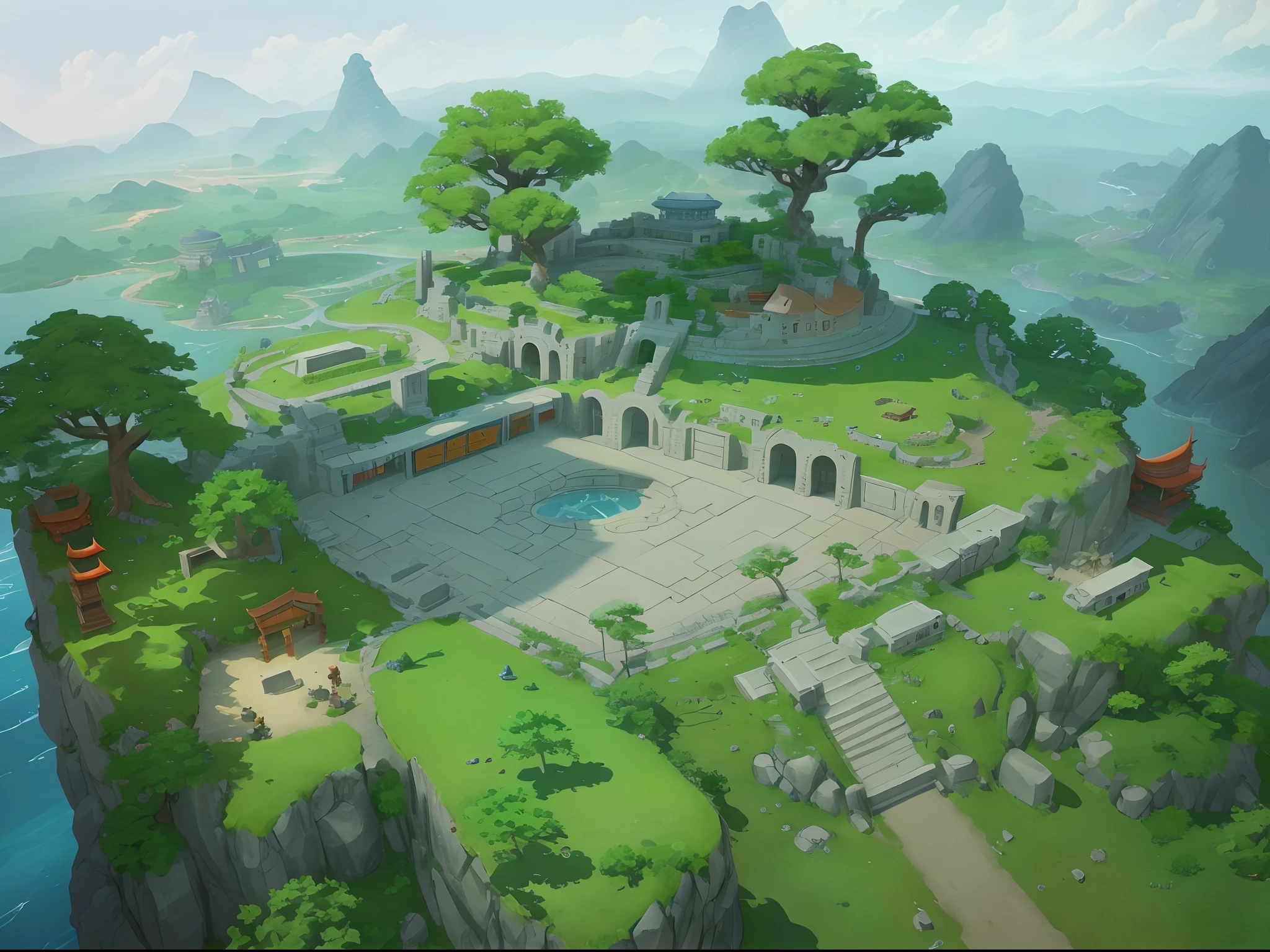 There is a small island with a stone structure in the middle, Xiu Immortal Arena background, Vista landscape,Background of ancient Chinese ruins, arena background, arte de fundo, Mobile game background, painted as a game concept art, isometric game art, background artwork, ingame image, city ruins background, The background is a mountainous plain, Chinese style architecture in background,Detailed game art,45 degree viewing angle,highest quality,Cartoon anime style art,8k pixels,
