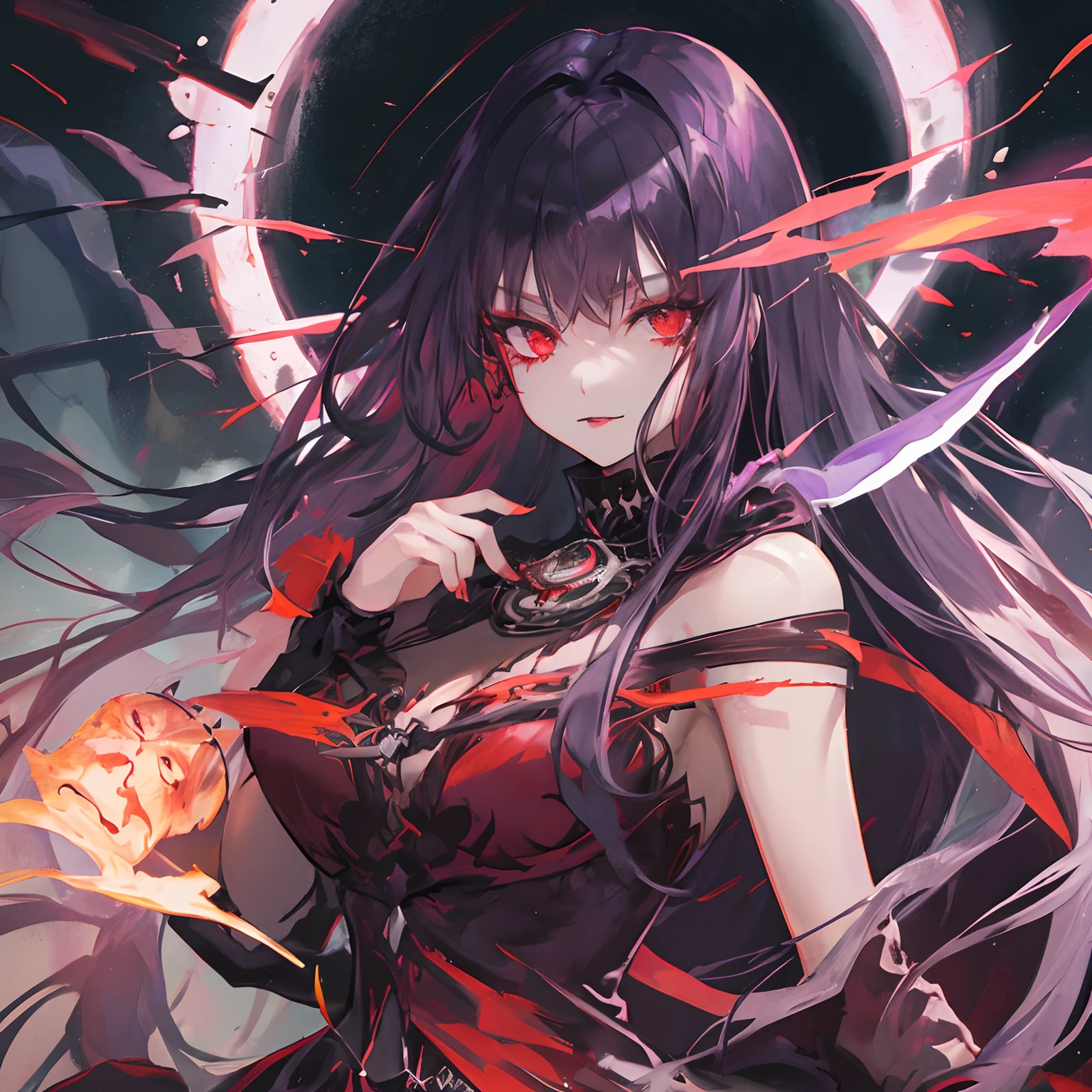 Woman, long dark purple hair, red eyes with a bright light, black long open dress, witch, silver jewelry in the shape of ribs, metal mask on half of the face, black lipstick