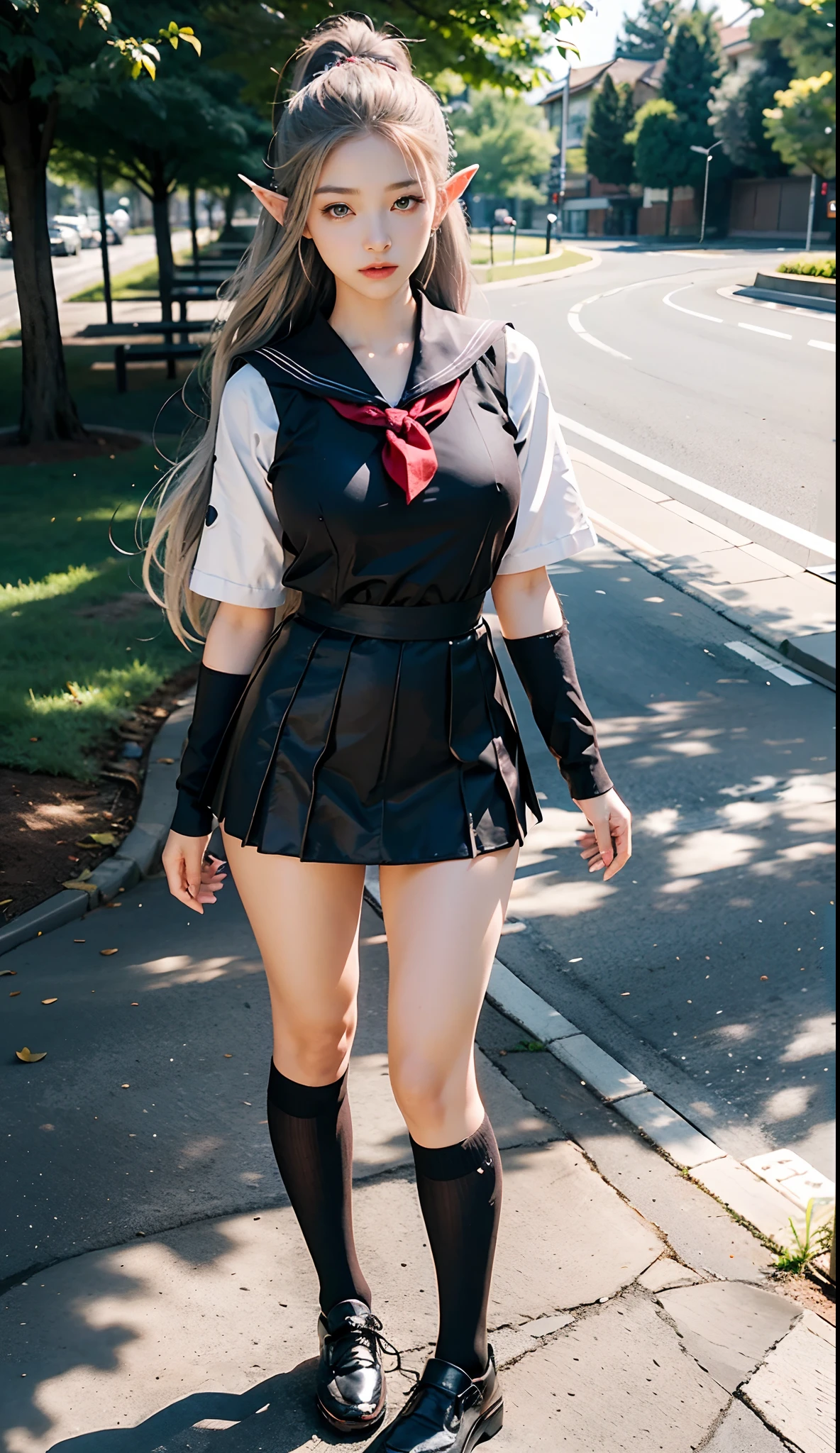 (Japanese-style school,the cherry trees:1. Mature elven beauty,standing on your feet,a sailor suit), tmasterpiece, best qualtiy, RAW photogr, realisticlying, Incredibly Ridiculous res,Elf long ears, ear studs,hair pin, (Long flowing hair in silver and black:1.9),eye shadows,(a sailor suit),eardrop,foot ring,short skirt,(Black sport socks)(Black half-knee socks),(Loafer shoes),two longer legs,depth of fields, A high resolution, ultra - detailed, filigree, RAWE is very detailed, very detailed eyes and faces, Sharp pupils, realistic pupil, tack sharp focus, cinmatic lighting,full bodyesbian,Bigboobs,long leges,From the front side,dynamicposes,Normal posture,closeup of face