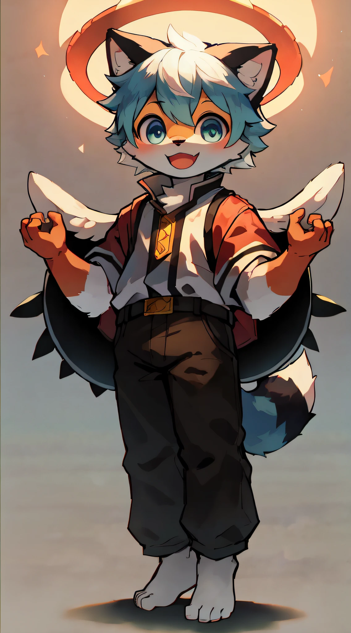 Shota,Fox, White color hair ,organge color fur, male people,Q version,(toddlers,baby), adolable, standing on your feet, Master masterpieces, A high resolution,8K,detailedbackground,high high quality,Libido boy,(((独奏))),(angelic halo,White clothes,The barefoot:0.6),looking at viewert,angle of view,From above,Dreamlike,magical,baiyun,(Warm light source:1.2),upper sky,On the clouds,A happy expression,shorter pants