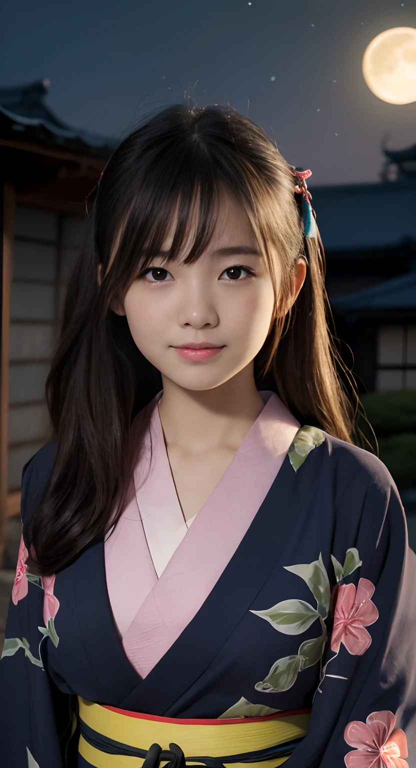 (top-quality、masterpiece:1.2)、Best Quality、realisitic、photoshot、hight resolution、1080p、8K、Textured skin、Physical Rendering、1 Japan Girls、a 、kawaii、Young Face、Rolled hair、(japanese kimono:1.5)、fullmoon、Night、full of shyness、smil、Big