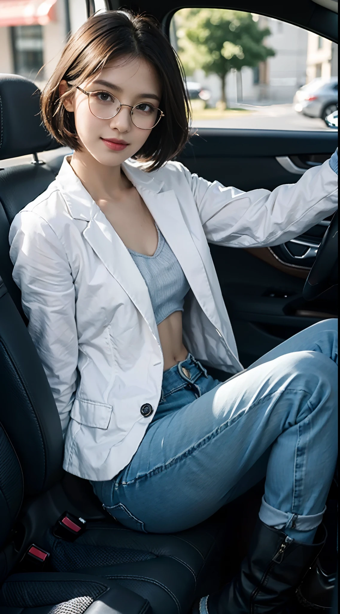 ((Small underboob)), (shoulder length straight short hair: 1.2), Black hair,Upper body, （Extremely meticulous CG 8k wallpaper），（Extremely refined and beautiful），（Masterpiece），（best qualtiy：1.0），（Ultra High Resolution：1.0），beautiful light up，Perfect lightning，realistic shaded，[A high resolution]，Smooth and flawless fair skin，Extremely exquisite facial details，（perfect body：1.1），ultra - detailed，A beautiful girl，small head，(Small breasts:1.1)，Flat chests，slim，thin，Smile，cheerfulness，glasses，(White collarless jacket:1.1），（Light blue denim pants:1.1），(Black military boots:1.1)，Summer，Morning，sitting in a spacious private car，A female driver，Place hands on the steering wheel，driving car,Looking forward in the direction of the vehicle's movement， Close Shot，