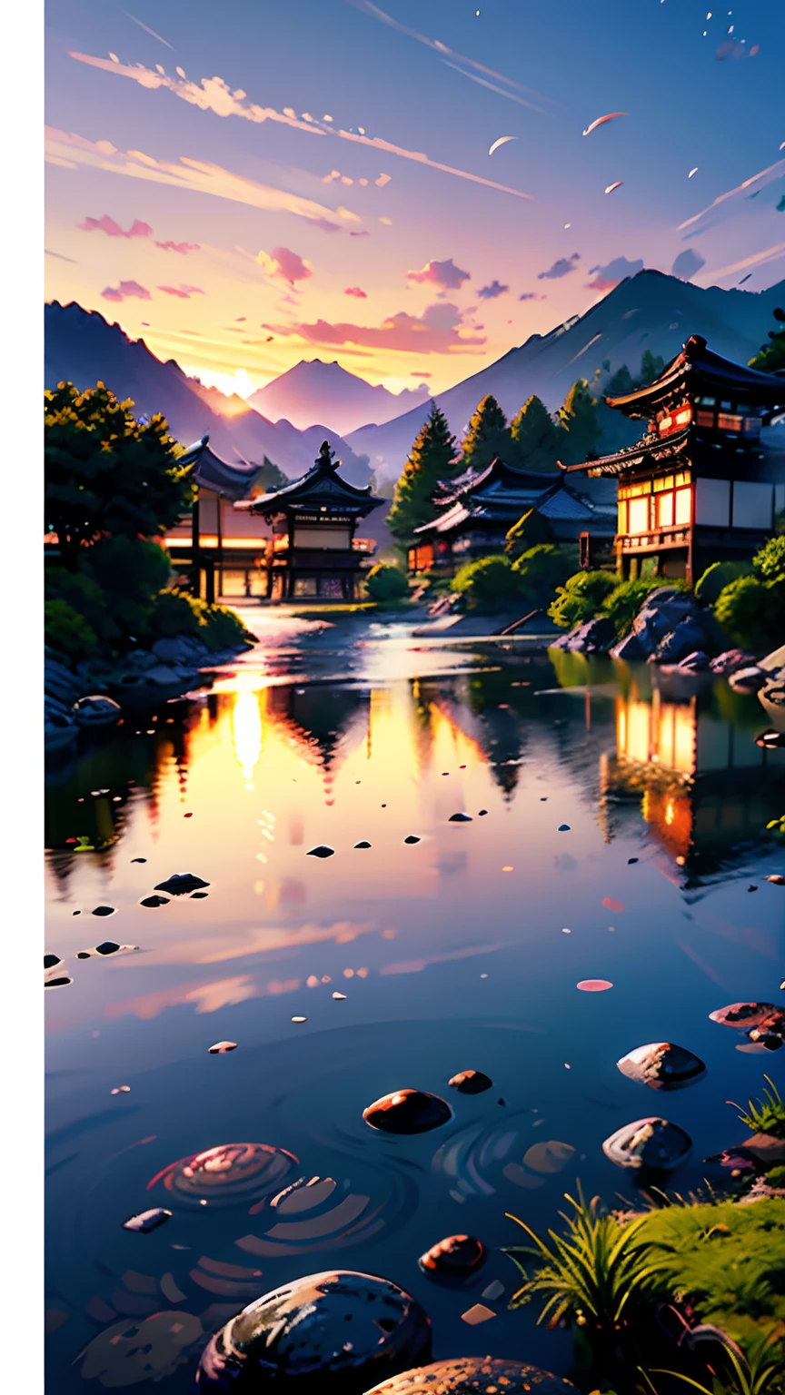 Create a calming and relaxing 4k high-render, high-quality, high-detailed, HD wallpaper,The image should gently depict a serene "(Japanese Village)" at "(sunset)," invoking a sense of "(tranquility)," "(realism)," and "(artistic beauty)." Craft a masterpiece of the best quality using an Earthy Greens color.
