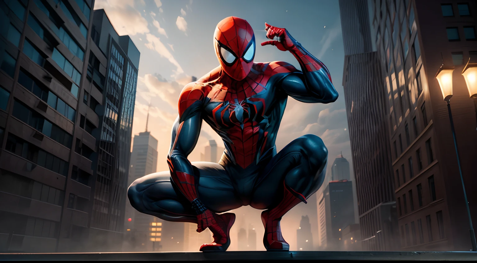 Provide a wide-angle view , Spider-Man as the focal point, set against the backdrop of a beautifully lit cityscape at night, The sparkling city lights and beams of light from buildings create an exhilarating and majestic ambiance, emphasizing Spider-Man's heroic presence, Spider-Man stands on the roof of the building, the camera angle is horizontal, (full body), ultra realistic, (hyperrealism:1.1),(detailed:1.2)