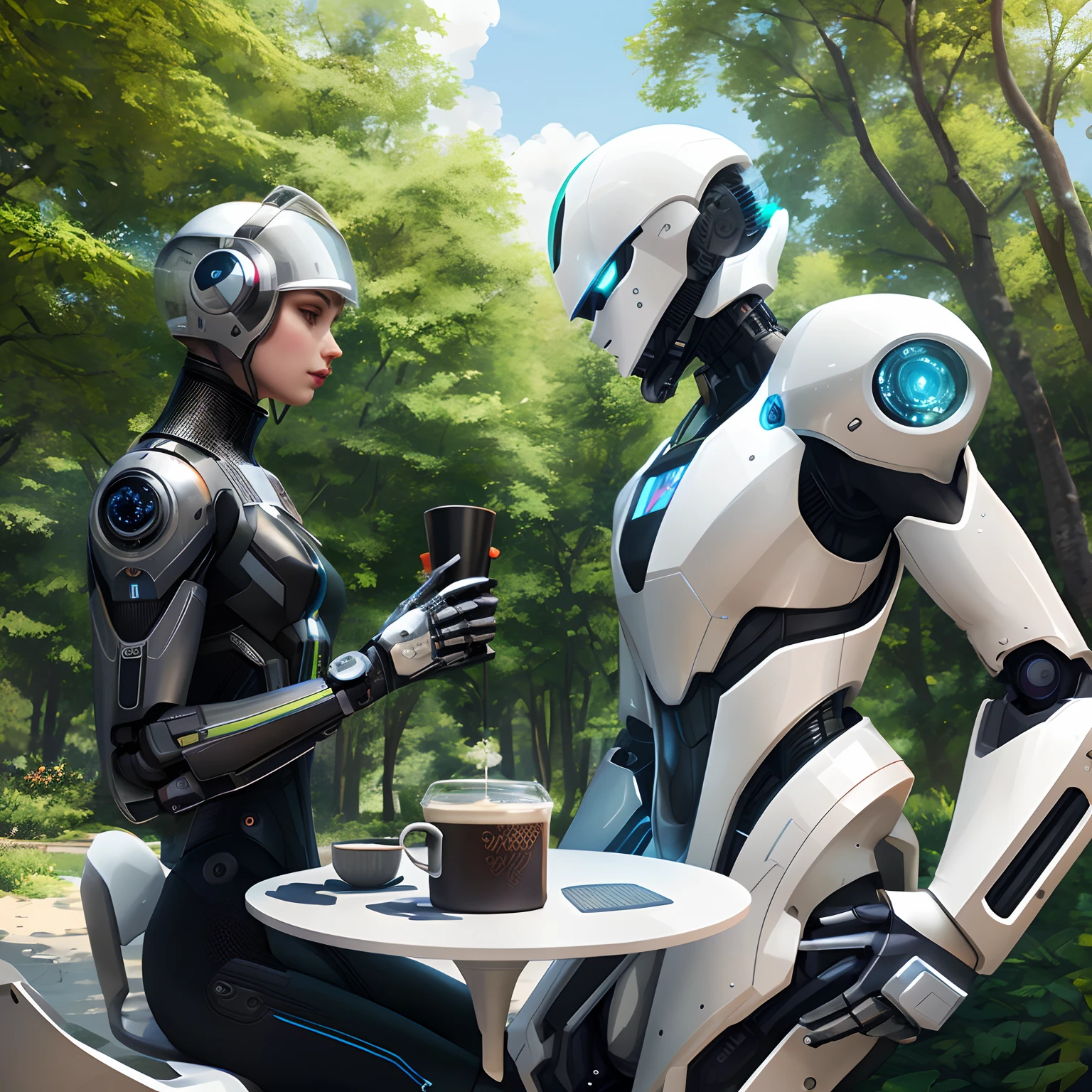 The robots are sitting at a table with a cup of coffee, Alena Aenami y Android Jones, Diferentes cibertrajes, focus on two androids, con equipo futurista y casco, Sci-Fi Android Femenino, in a cyberpunk garden, androide femenino retrofuturista, Cibertrajes, Motor irreal de CGsociety, Ropa futurista y casco, Arte de personajes de Unreal Engine, CGsociety altamente detallado