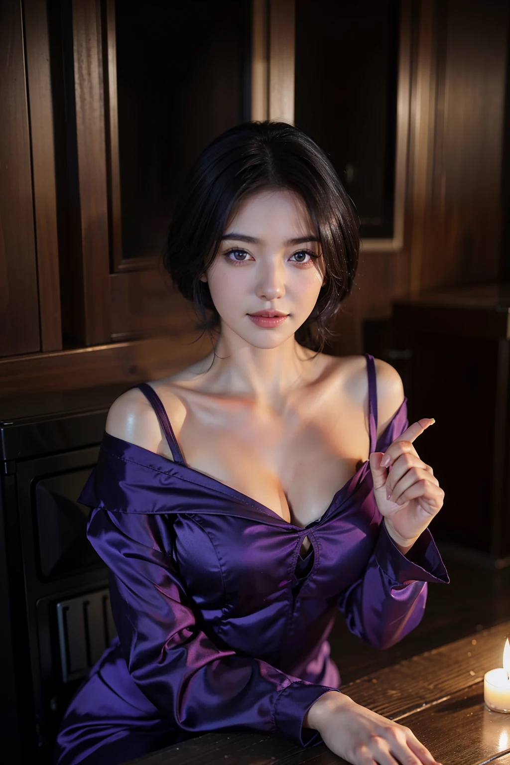(best quality,4k,8k,highres,masterpiece:1.2),ultra-detailed,(realistic,photorealistic,photo-realistic:1.37),beautiful expressive eyes,long eyelashes,beautiful detailed lips,detailed hair and face,friendly smile,clean and flawless skin,(Very large breasts, big tits, oversized tits),Short hair,(Earrings, lace chokers, stylish clothes, shiny dark purple, black lace),