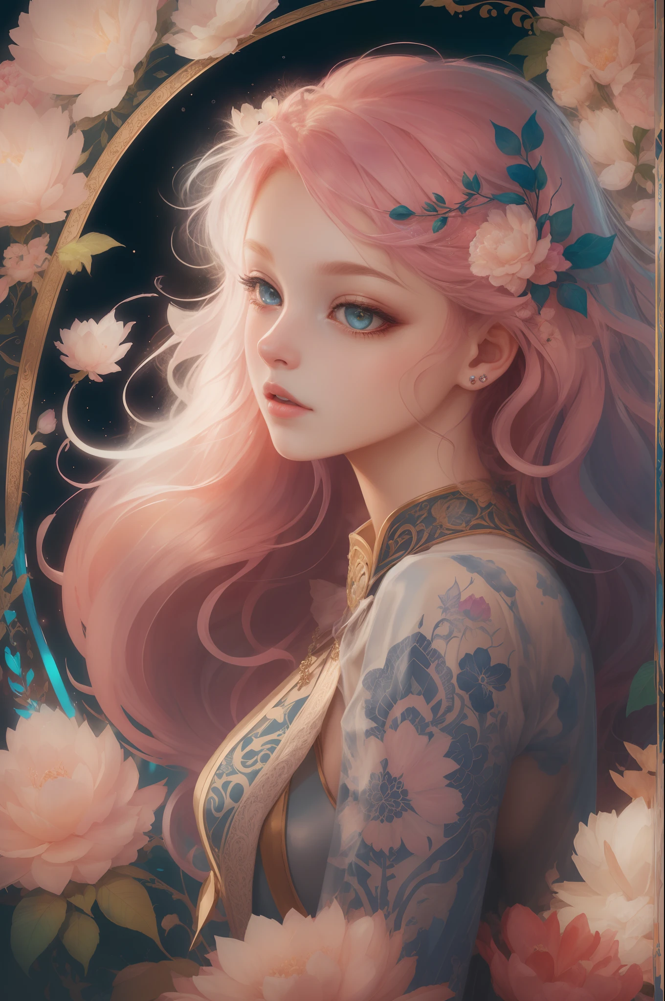 ((Gorgeous 18-year-old princess)),(She has long flowing pink hair),(Bright and beautiful eyes),trendding on artstation,Flowers of hope,ultra-detailliert,insanely details, Amazing, complex, elite, Art Nouveau, a gorgeous, Dreamy,Liquid wax, Luxurious, Ink style, a sticker, Vector art beautiful character design, Dual exposure shooting, Luminous design, winning artwork, tmasterpiece, AMOLED black background,optic