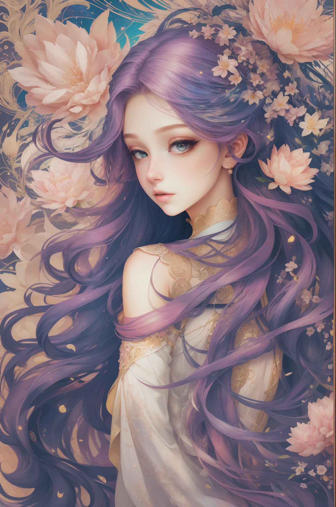 （（Gorgeous 18-year-old princess）），（She has long flowing pink hair），（Bright and beautiful eyes），trendding on artstation，Flowers of hope，ultra-detailliert，insanely details, Amazing, complex, elite, Art Nouveau, a gorgeous, Dreamy，Liquid wax, Luxurious, Ink style, a sticker, Vector art beautiful character design, Dual exposure shooting, Luminous design, winning artwork, tmasterpiece, AMOLED black background,optic
