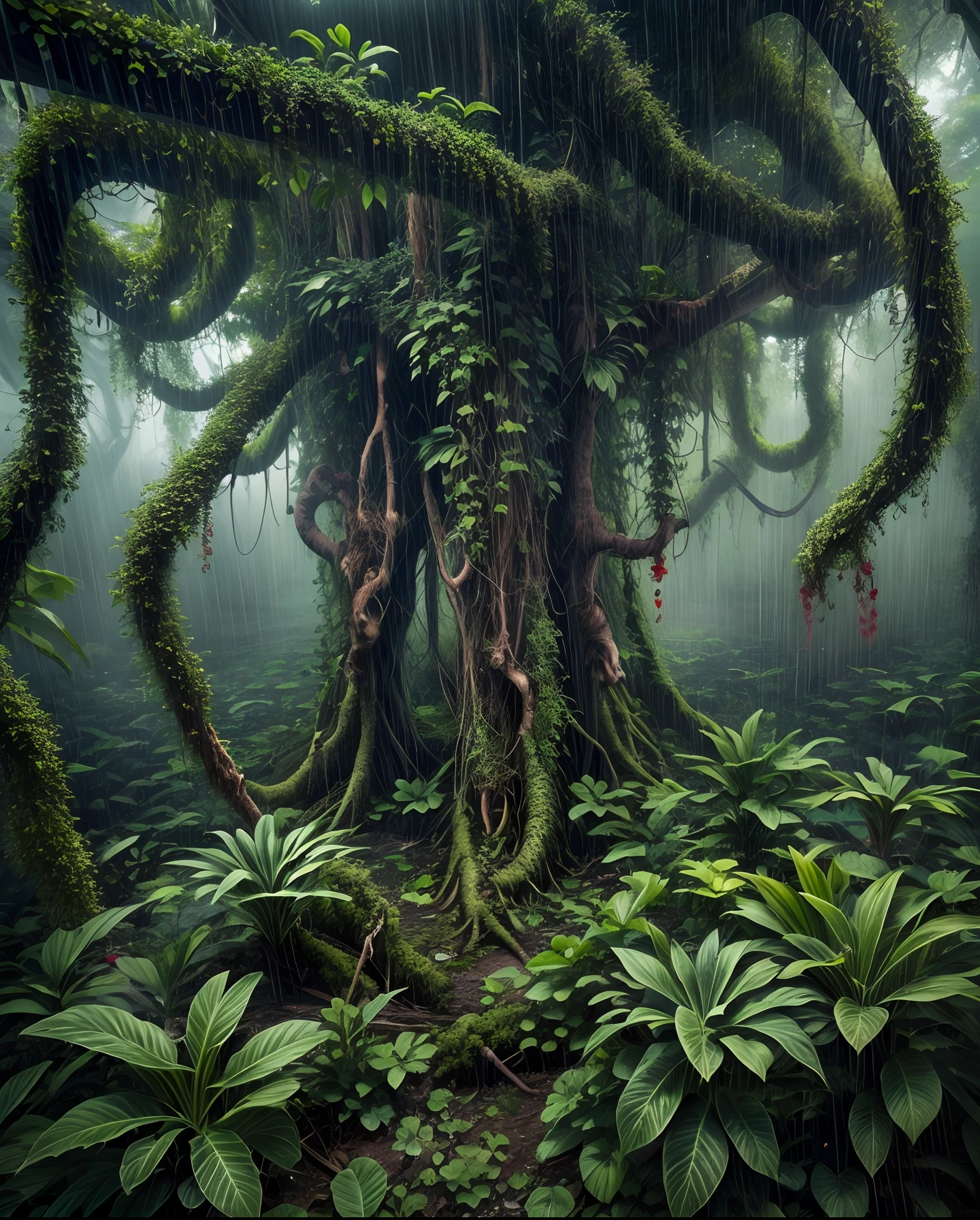 A perilous fantasy jungle during a torrential downpour, twisted vines, carnivorous plants, and lurking creatures, the air thick with tension, Photography with a wide-angle lens and high ISO settings