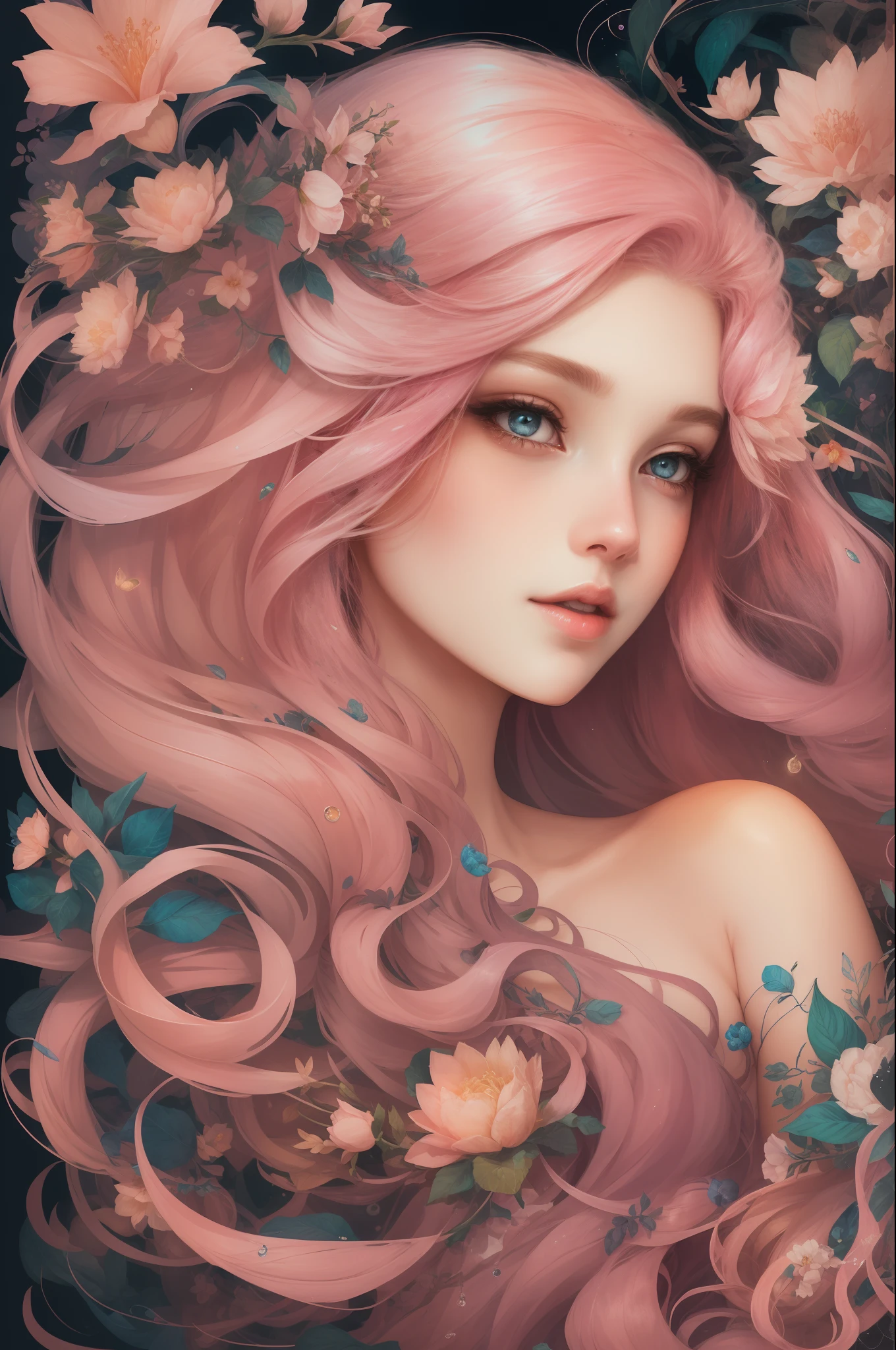 ((Gorgeous 18-year-old princess)),(She has long flowing pink hair),(Bright and beautiful eyes),trendding on artstation,Flowers of hope,ultra-detailliert,insanely details, Amazing, complex, elite, Art Nouveau, a gorgeous, Dreamy,Liquid wax, Luxurious, Ink style, a sticker, Vector art beautiful character design, Dual exposure shooting, Luminous design, winning artwork, tmasterpiece, AMOLED black background,optic