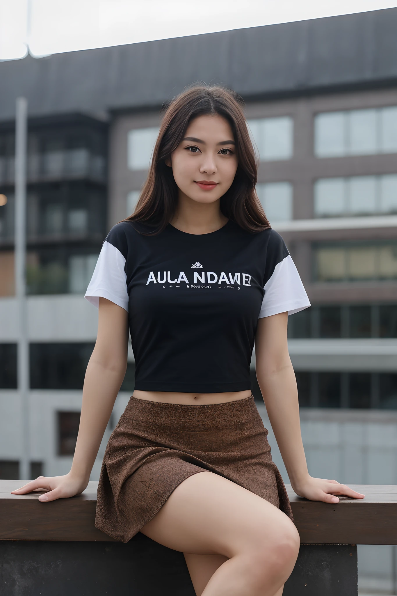 （（midynight， Acura， 8K， tmasterpiece： 1.3））， full bodyesbian， long leges， Focalors： 1.2， perfect figure beautiful woman： 1.4， Slim abs： 1.1， （dark brown  hair，： 1.2 ））， （tight tshirt， short  skirt，sitting on a stool： 1.2）， （city night scene， the roof： 1.3））， Highly Detailed Face and Skin Textur， detailedeyes， 二重まぶた，