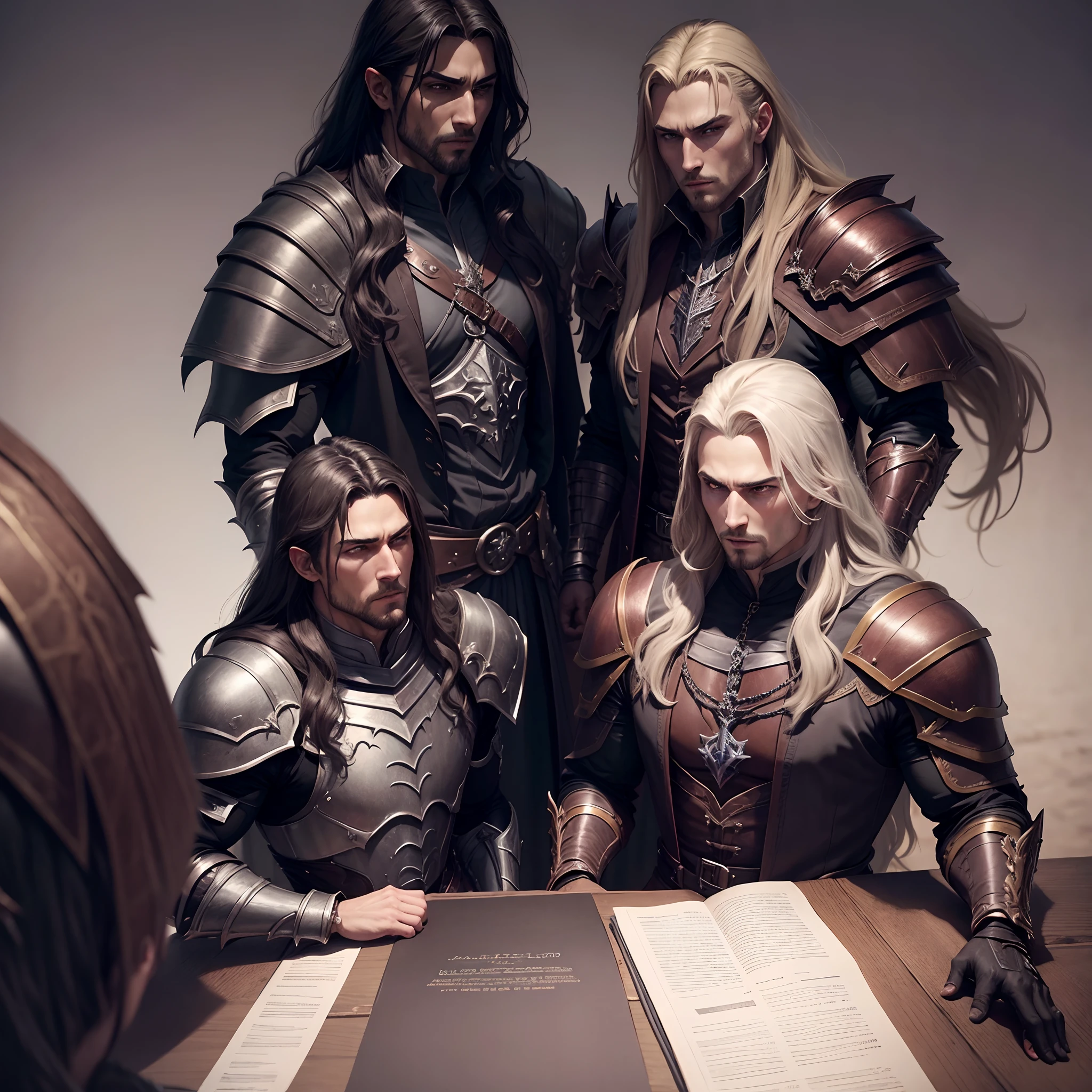 Castlevania Lord of the shadows hyper realistic super detailed faces super detailed poses correct proportions of hands Anatomy correct proportions sharp details of group of men discussing around Lord Dracula muscular handsome warrior leather Armor Wear