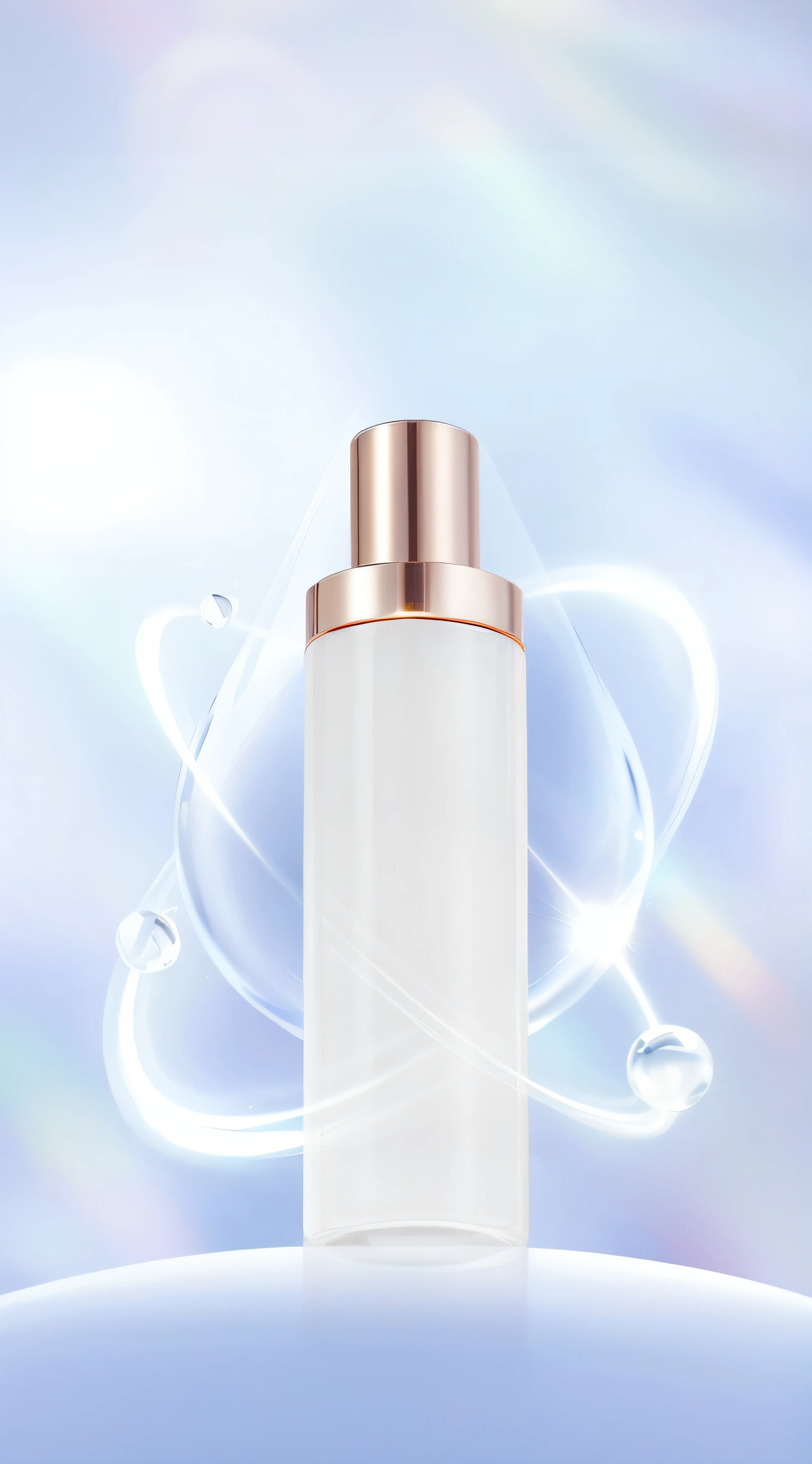There is a bottle of white liquid with a gold cap, Bottle, 3 d white shiny thick, high quality topical render, exquisitedetails, crisp smooth clean lines, transparent vibrant glowing skin, ethereal opalescent mist, SleekDesign, clean and pristine design, Pearlescent skin, White shiny skin, Detailed picture, detailed white liquid, Glossy design, pearlescent white
