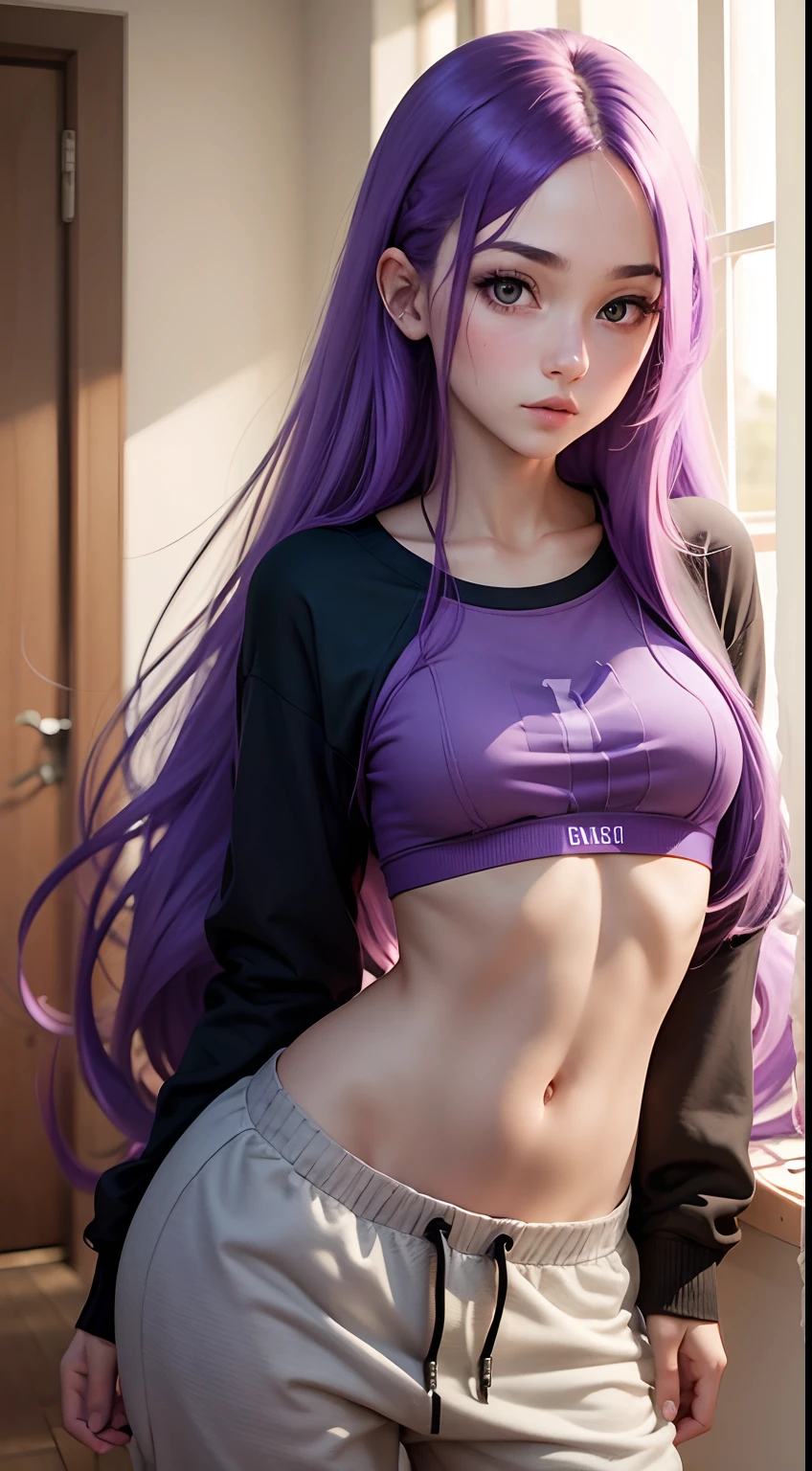 Girl with long purple hair slim, cuteface, little chest, in sweatpants