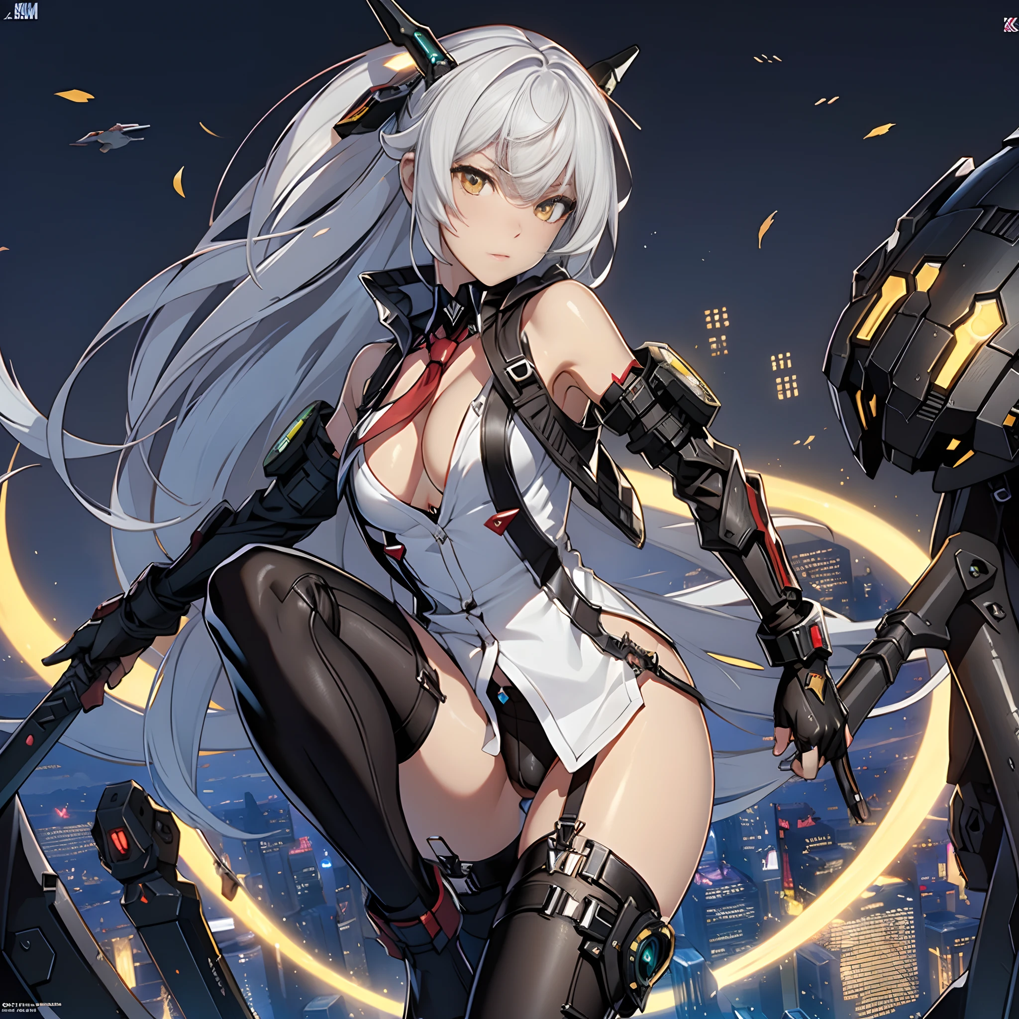 masterpiece, (best quality), (ultra-detailed), (ultra-realistic:1.2), landscape, sci-fi, transistorpunk, cyberpunk, biopunk, (magazine cover:1.4), (gray, white), lone female huge robot, mechanical angel wings on the back, angel wings, future town, dynamic pose, dynamic angle, small breasts, luxury, (gold, silver, green), neonmasterpiece, (best quality), (ultra-detailed), (ultra-realistic:1.2), landscape, sci-fi, transistorpunk, cyberpunk, biopunk, (magazine cover:1.4), (gray, white), 8k, UHD, The alone long waist white hair woman as the lone character as a magazine, yellow eyes, gold eyes, hair accessory, 2 hand, 5 finger, floating alone , high resolution, sci-fi city , Hyper detail mature face, black strapless bodysuit, white shirt, black panty, black jacket, black glove, ultra sharp, red necktie, black string full leg stocking, black string high thigh kneesock , exposed leg , black boot, feet visible, Hand Visible , twin sword, twin floating equipment, detail finger, 5 finger, Shooting pose,action pose,explosion effect, a determined expression on her face。