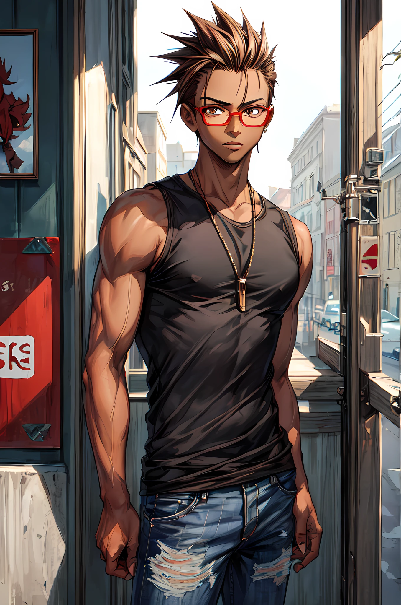 (best quality),(masterpiece),(original),extremely detailed wallpaper,looking at viewer,1boy,male,male focus,solo,brown hair,spiky hair,forehead,spiked hair,red glasses,black tank top,jeans,standing,upper body,(dark skin:1.1),