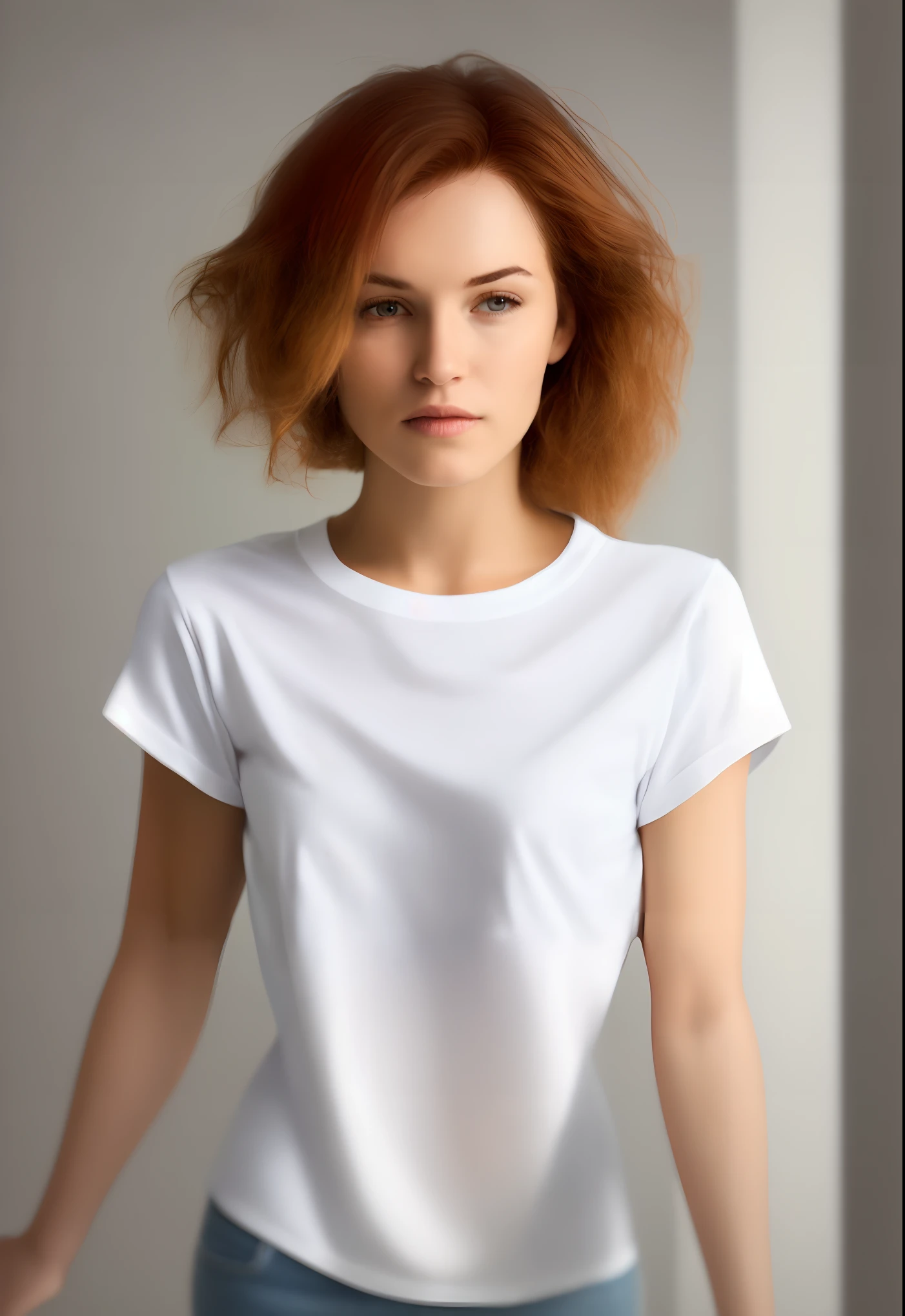 Please generate for me an image  of a Caucasian woman who is  for a mockup of a white t-shirt. Frontal view of white t-shirt, the woman is in an all white room with no background clutter. She has very short, bob-cut red hair, wearing clean blue jeans and a plain white t-shirt without any text or design on it. The priority is to have the front view of the t-shirt without any obstacles, no hands or hair in the way of the viewer. Please generate the image with a focus on the high-resolution texture and details of the clothes.