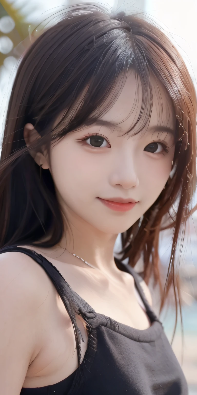 RAW Photography, Cute Girl Long Shot Portrait Photography, Smiling, Sally, (Lust), Slim Body, (Sea Background), (High Detail Skin: 1.2), 8k UHD, DSLR, Soft Lighting, High Quality, Film Grain, Fujifilm XT3