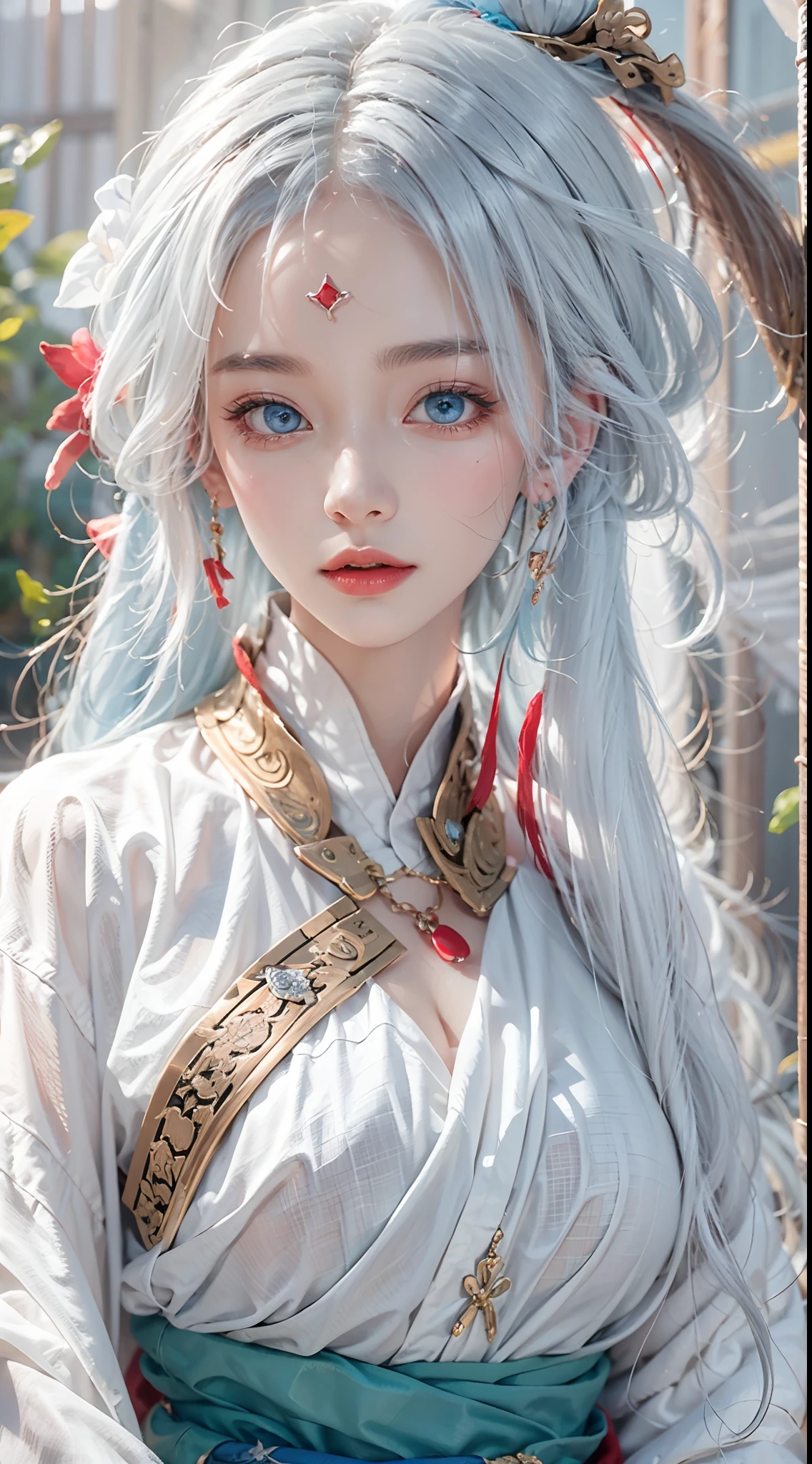 photorealistic, masterpiece, photorealistic, high resolution, soft light, waist up, blue eyes, red hanfu, white hair, long hair, Taoist robe,oversized clothes, jewelry, tatttoo