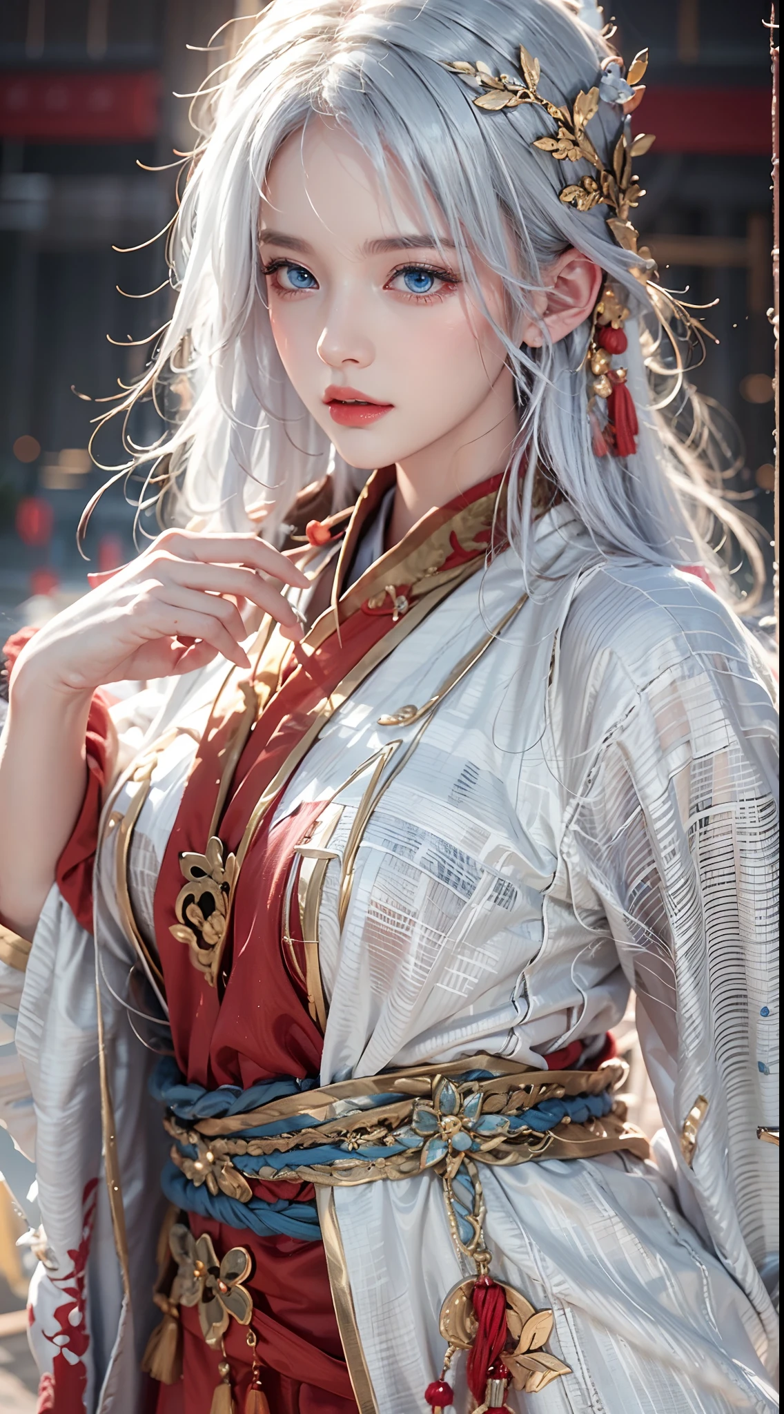 photorealistic, masterpiece, photorealistic, high resolution, soft light, waist up, blue eyes, red hanfu, white hair, long hair, Taoist robe,oversized clothes, jewelry, tatttoo
